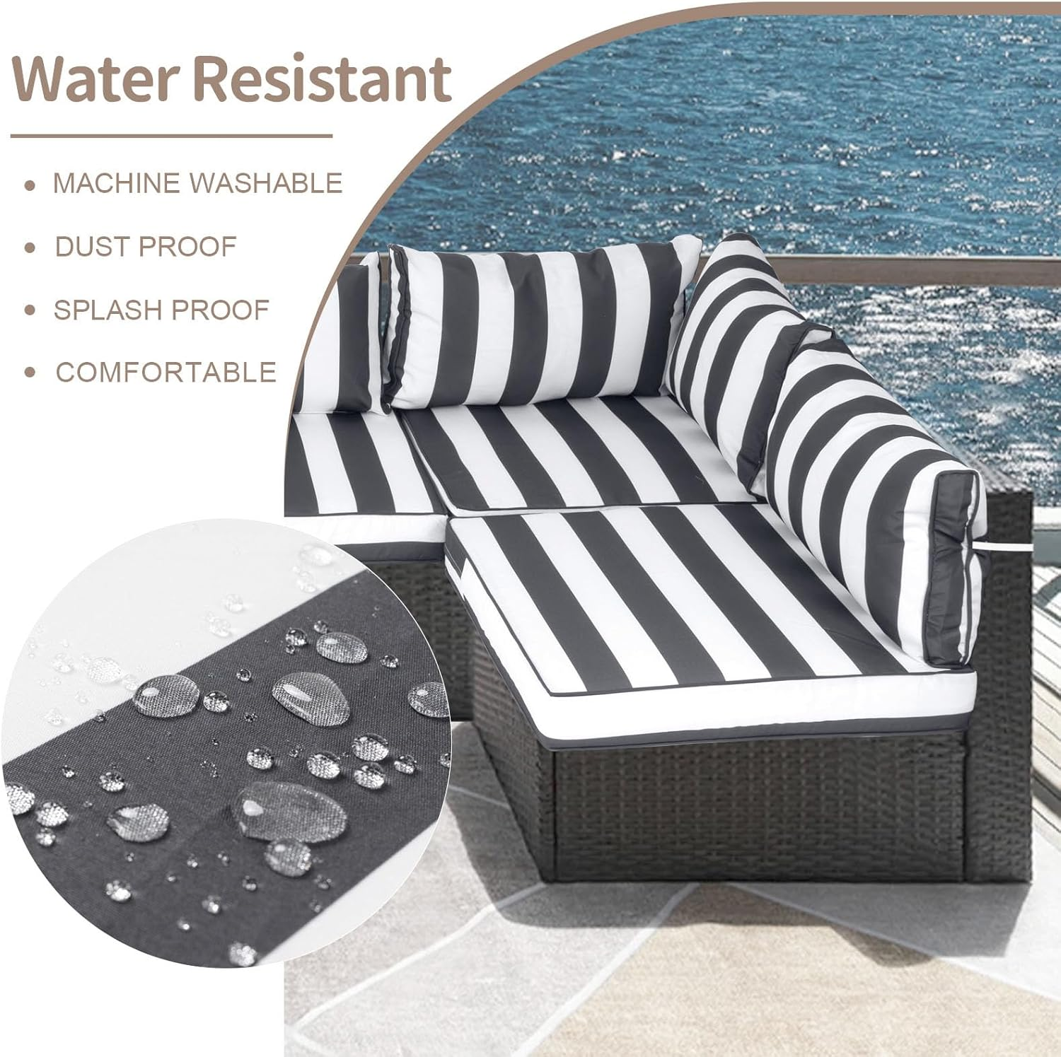 14 Piece Outdoor Patio Cushion Covers Replacement, Waterproof Outdoor Furniture Cushion Covers, Fit 7 Pcs 6 Seater Wicker Rattan Patio Conversation Sofa Set, Black & White Stripes(Only Cover) image number 6