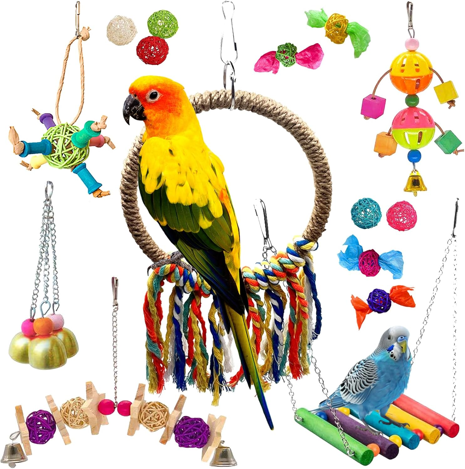 Parakeet Toys,15 Pcs Bird Toys,Bird Toys for Parrots,With Bird Swing,Birds Stand,Foraging Toy,Bird Cage Accessories for Parrots,Lovebirds,Cockatiel,Budgie image number 5