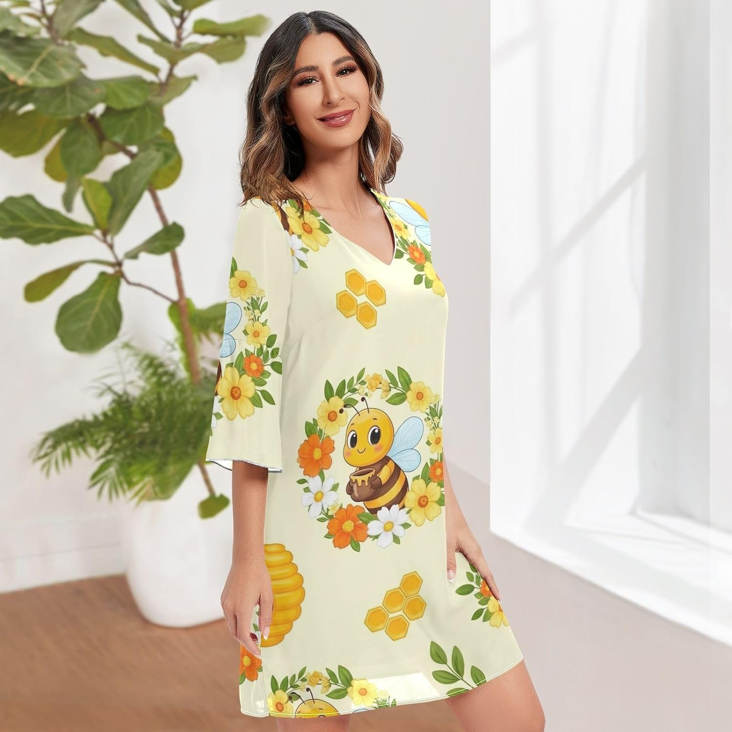Cute Cartoon Bees Honey Print Ladies Chiffon Dress 3/4 Sleeve Maternity Dress Party S-XXL