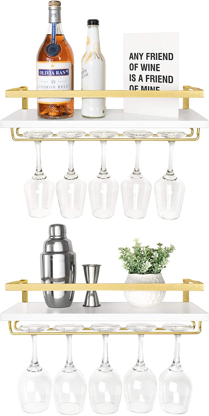 Mkono Wall Mounted Wine Rack Set of 2 Wood Rustic Wine Bottle Glass Floating Shelves with Stemware Hanger Modern Plants Photos Wine Display Storage Holder for Kitchen Dining Room Bar, 17 Inch