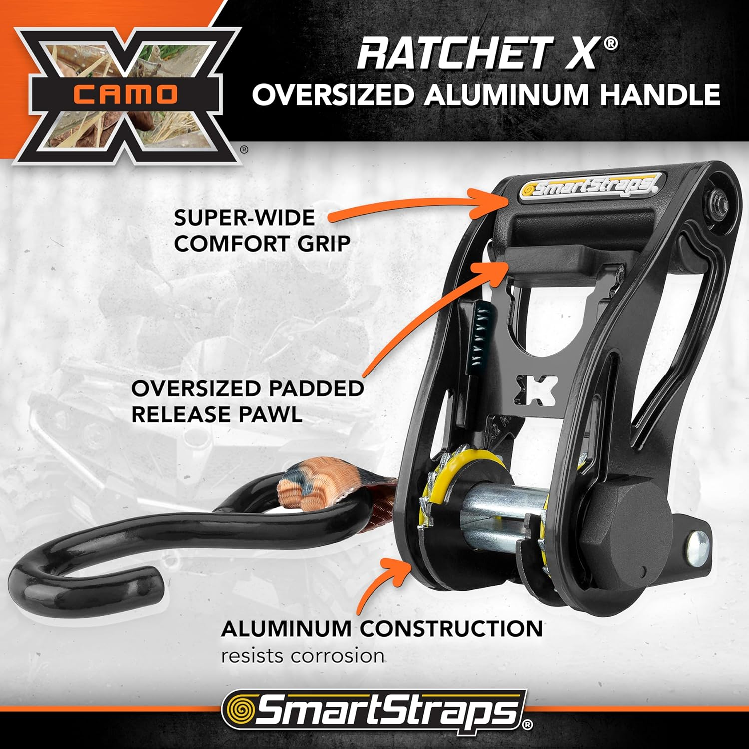 SMARTSTRAPS 14&rsquo; Camox Ratchet Straps, 4 Pack &ndash; 3,000Lbs Break Strength, 1,000Lbs Safe Work Load &ndash; Premium Duty Tie Downs for Heavier Loads, Orange Camo Webbing image number 2