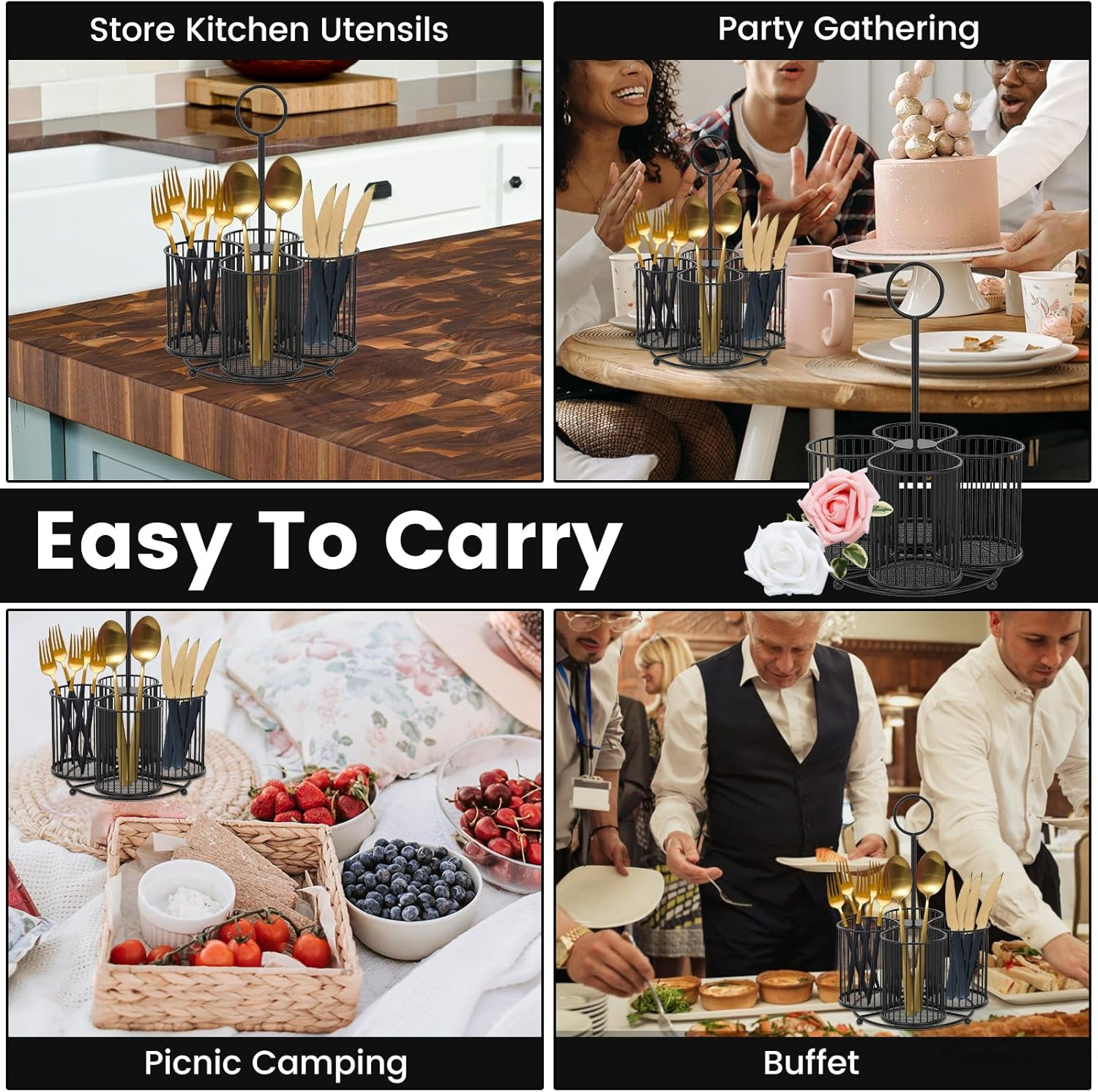 360&deg; Rotating Metal Utensil Caddy 4 Compartment Silverware Caddy Cutlery Caddy Fork Spoon Knife Utensil Organizer Multifunctional Utensil Holder for Parties Desk Organizer Caddy Pen Pencil Holder - Champagne Gold image number 7