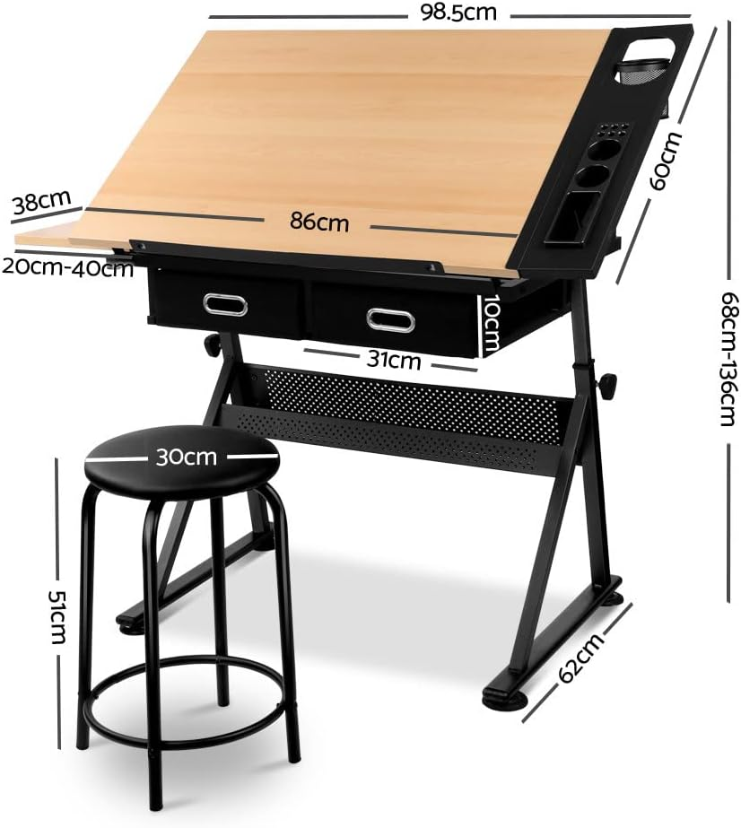 Drawing Table Stool Set Artiss Ajustable Metal Base Art & Craft Drafting Desk Table Art/Workstation with Removable Side Tray Drawers for Student Adults image number 2