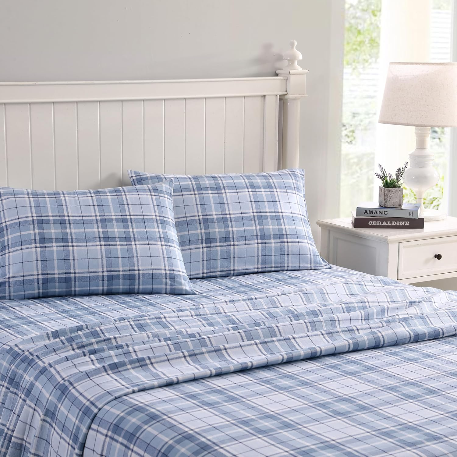 Laura Ashley Home - Queen Sheets, Cotton Flannel Bedding Set, Brushed for Extra Softness & Comfort (Mulholland Plaid Blue, Queen) image number 7