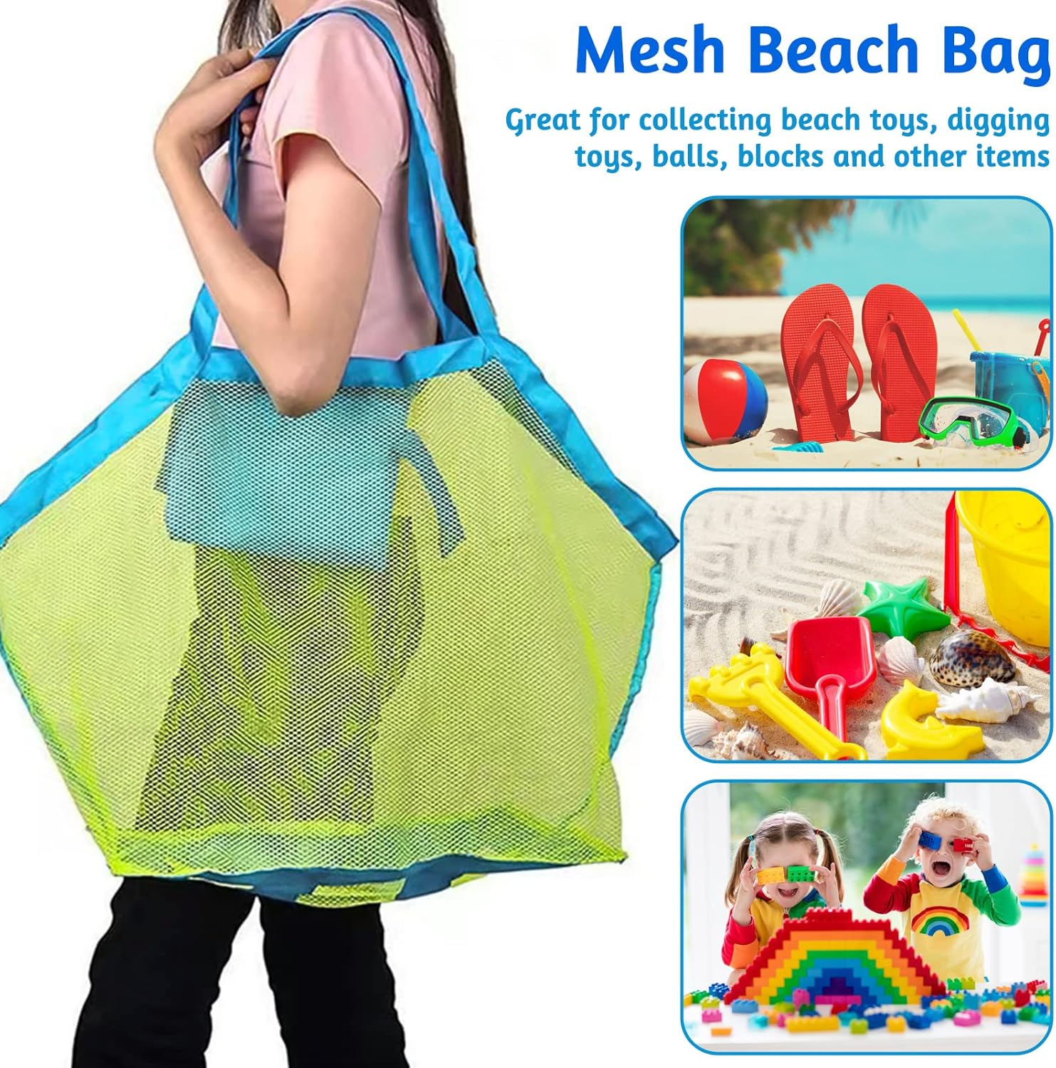 Mesh Beach Tote Bag, Extra Large Beach Bags, Kids Sea Shell Bags, Quick Dry Net Tote for Swimming Pool Travel Beach, Green, Large image number 6