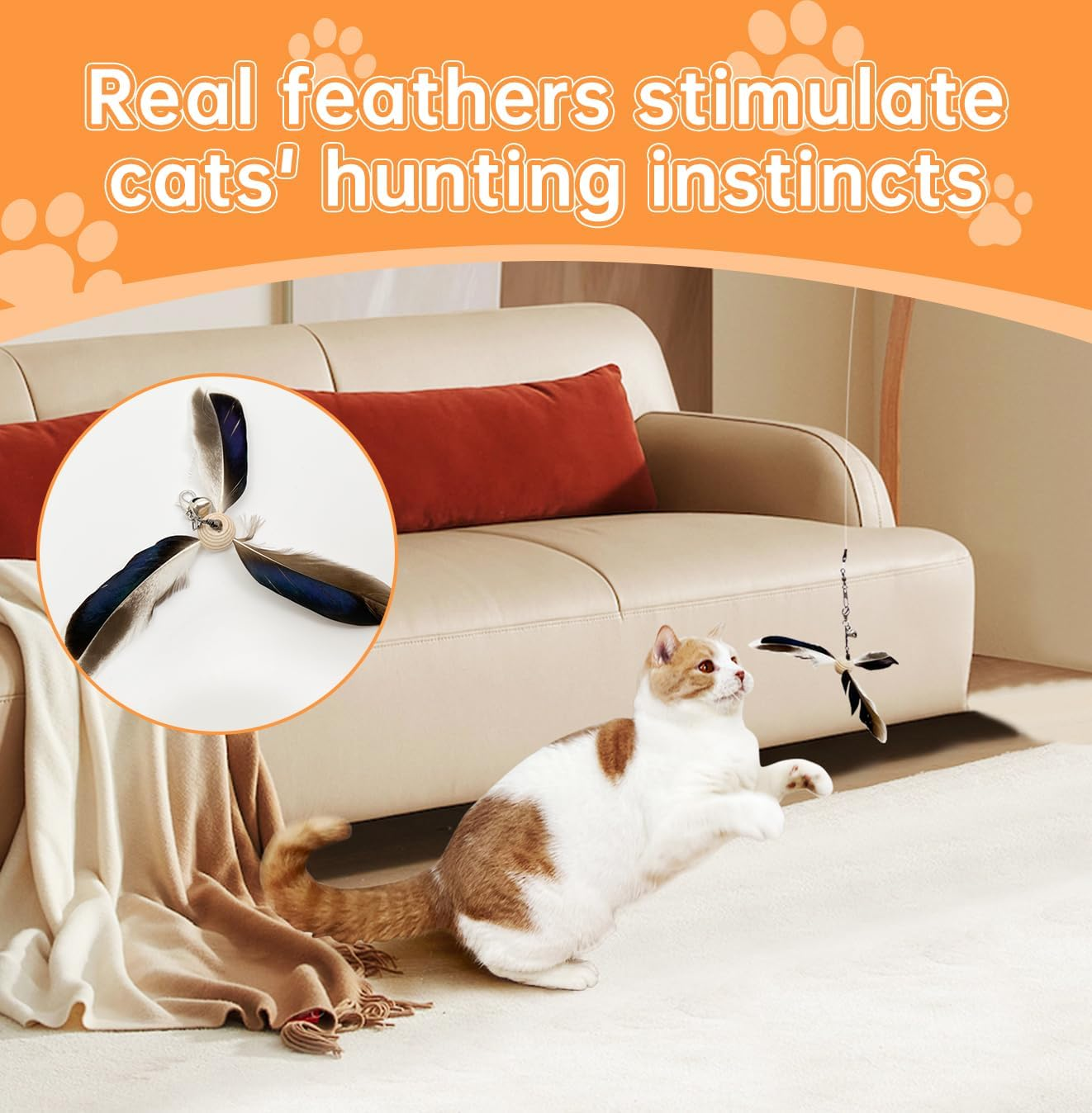 Cat Toys Natural Feather Cat Wand with 3-PCS Refills Chemical-Free Indoor Play for Cats