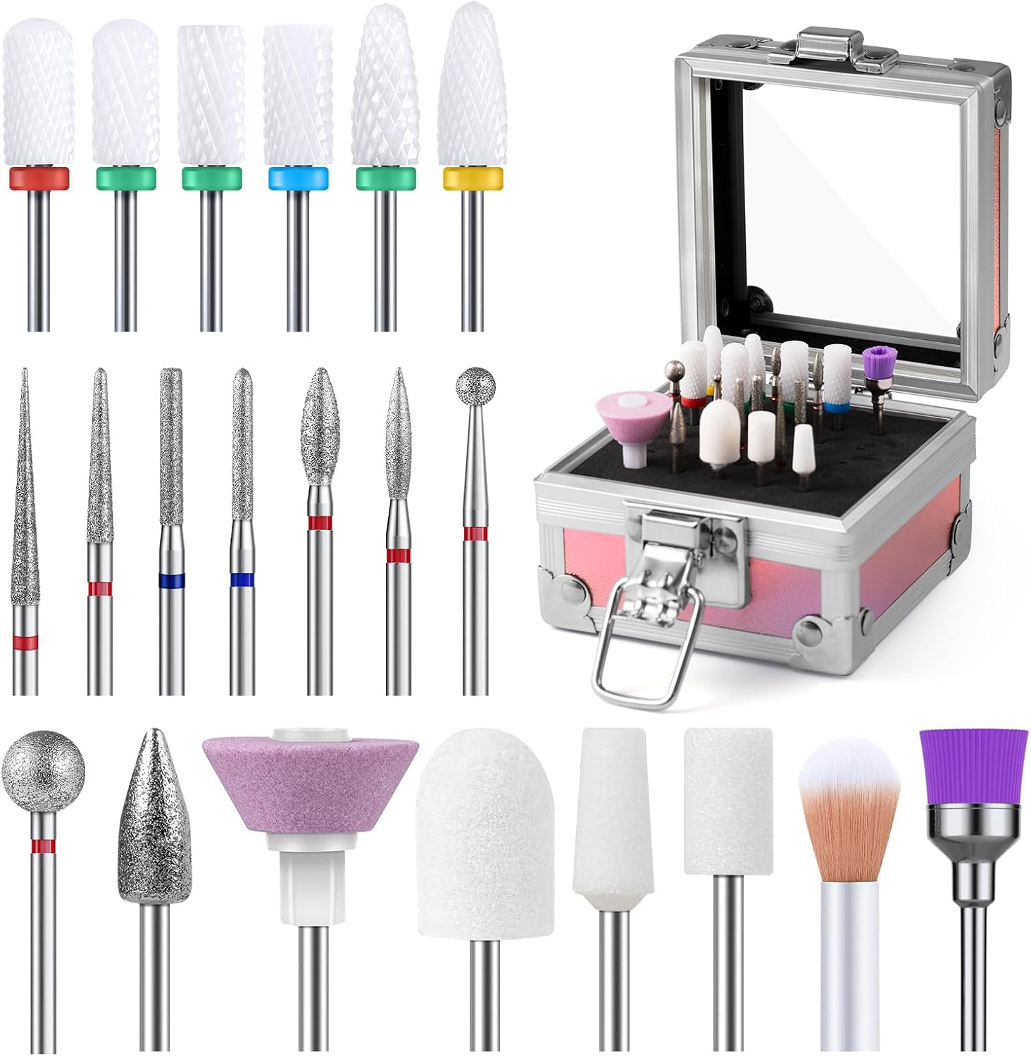 Melodysusie 21Pcs Nail Drill Bit Set with Portable Holder Case, 3/32'' Ceramic Diamond Carbide Acrylic Gel Nail Art Tool Kit, Cuticle Remover Bit for Acrylic Dip Powder, Manicure Pedicure, Salon Home image number 2