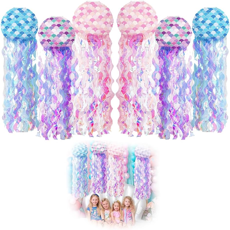 6 PCS Hanging Jelly Fish Paper Lanterns,Colorful Paper Lanterns,Under the Sea Mermaid Party Decorations,For Kids Birthday,For Ocean Party Decorations Jellyfish Decor,Baby Room image number 2