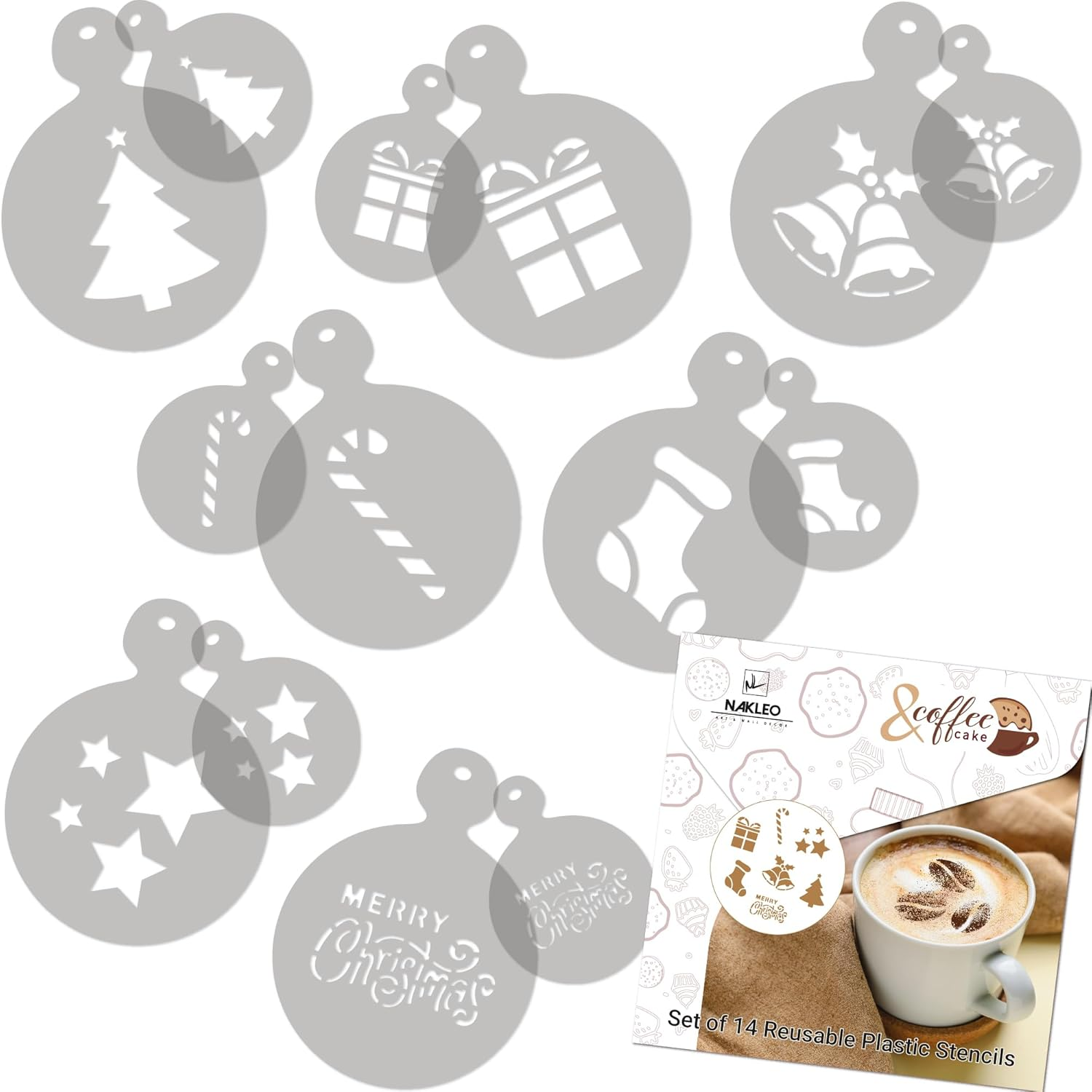 NAKLEO Coffee Cookies Decoration Reusable Plastic Baking Stencil - 7X7Cm and 11X11Cm / 2.8'X2.8' and 4.3'X4.3' - Christmas Winter Holidays - Art Craft DIY Biscuit Pastry Cake Glaze Kitchen image number 2