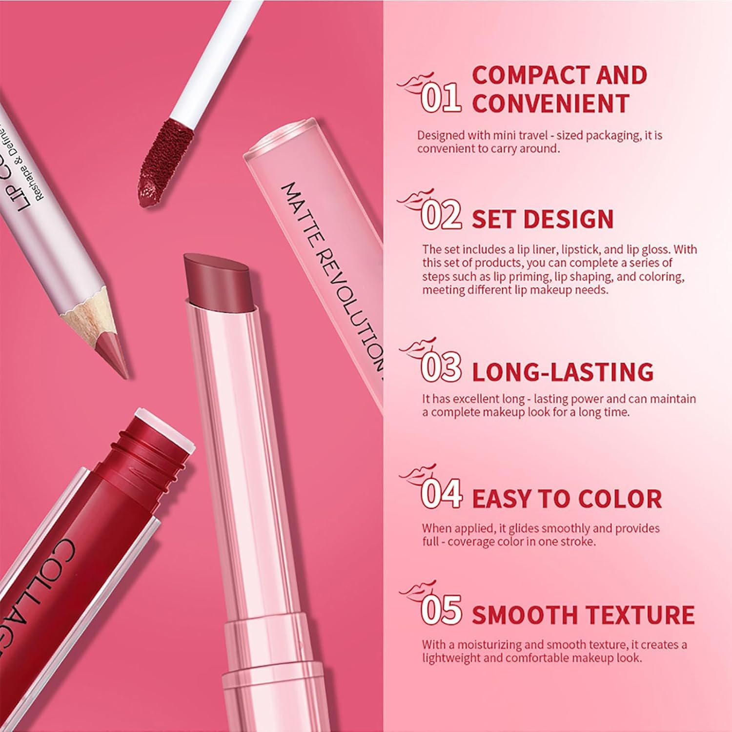 Volume Hack Trio Lip Kit - Lip Liner and Lipstick Combo Set, Long-Lasting, Smudge-Proof, High Pigment Velvet Finish, Hydrating Comfortable Wear (2#) image number 3