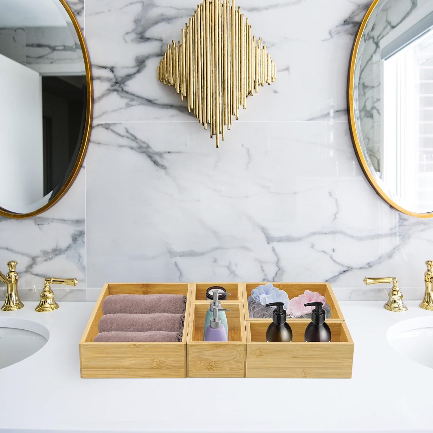 Vaefae Bamboo Organizer Box, Bamboo Drawer Organizer, Multi-Use Wooden Box Set for Kitchen, Bathroom, Office Desk, Bedroom and Living Room