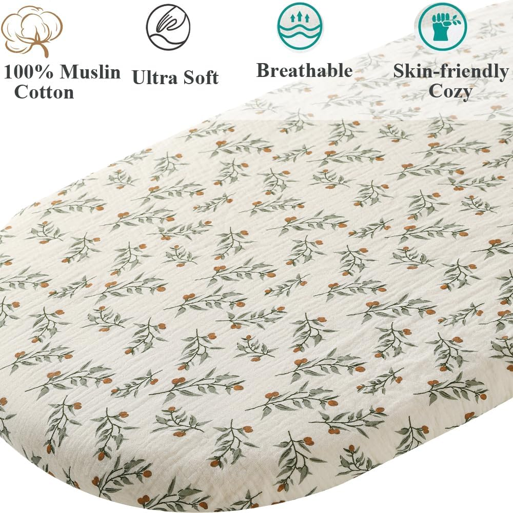 Fadacudan Muslin Bassinet Sheet Compatible with Uppababy Bassinet, 2 Pack Cotton Stylish Boho Fitted Bassinet Sheets Super Soft for Baby Roman Green & Botanical Leaf image number 4
