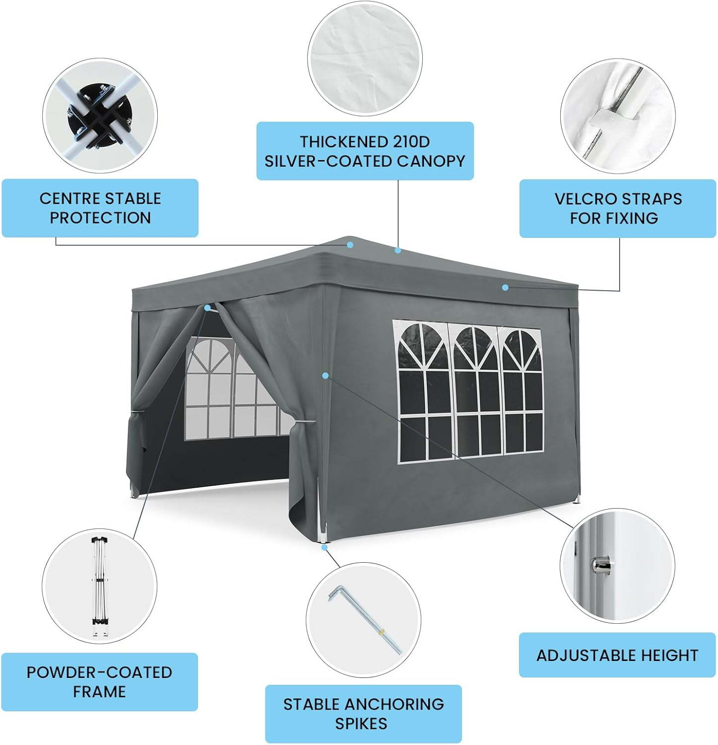 3X3M Gazebo Canopy Tent Marquee Pop up Gazebo Outdoor Wedding Patio Party Tent Folding Sun Shelter with Detachable Sidewalls Grey image number 5