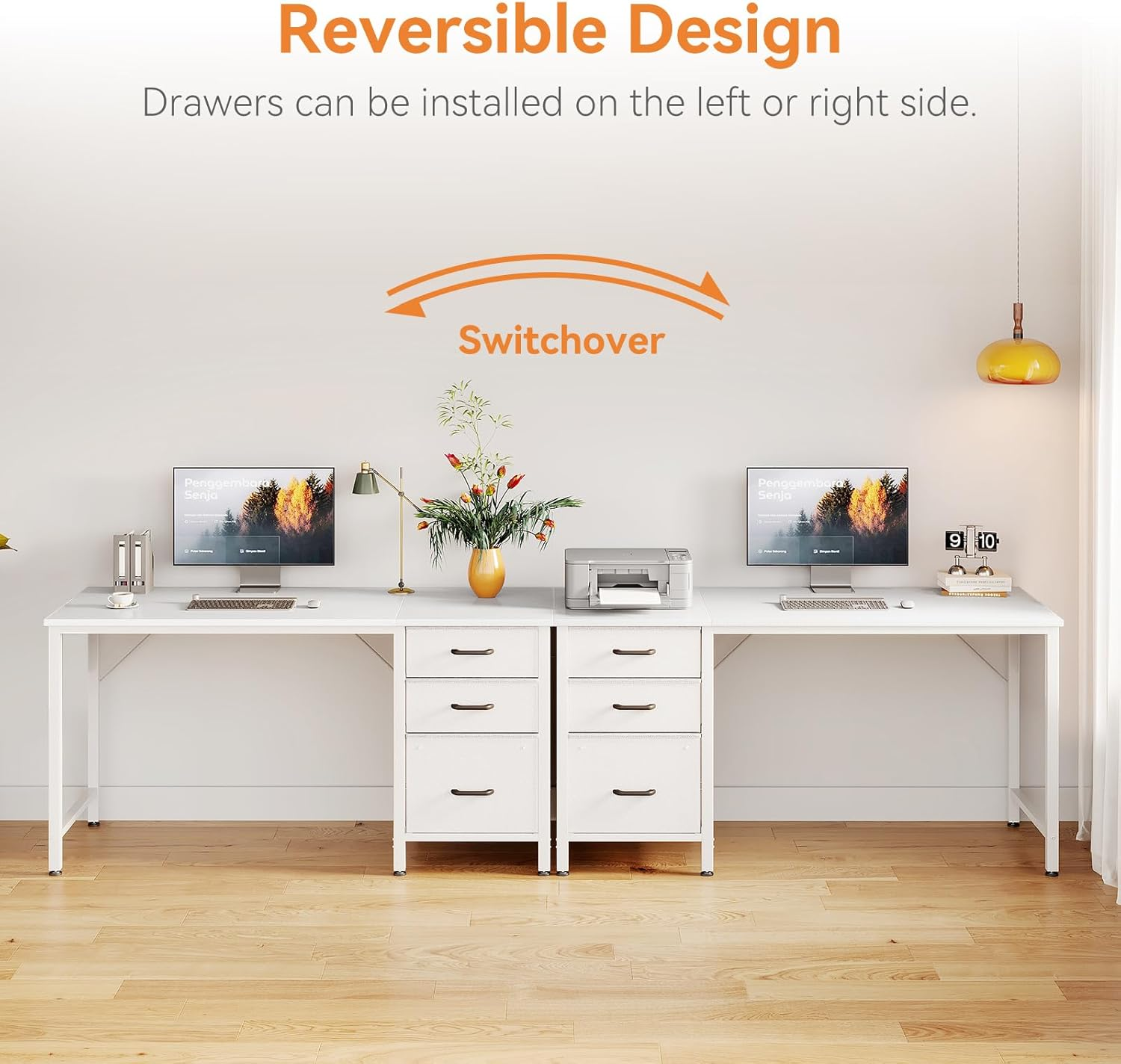 ODK 48Inch Computer Desk with 3 Drawers Reversible,Home Office Desk with Stable Metal Structure&Headphone Hooks, Computer Gaming Table for Writing Study Working, 120 * 48 * 75.7Cm,White