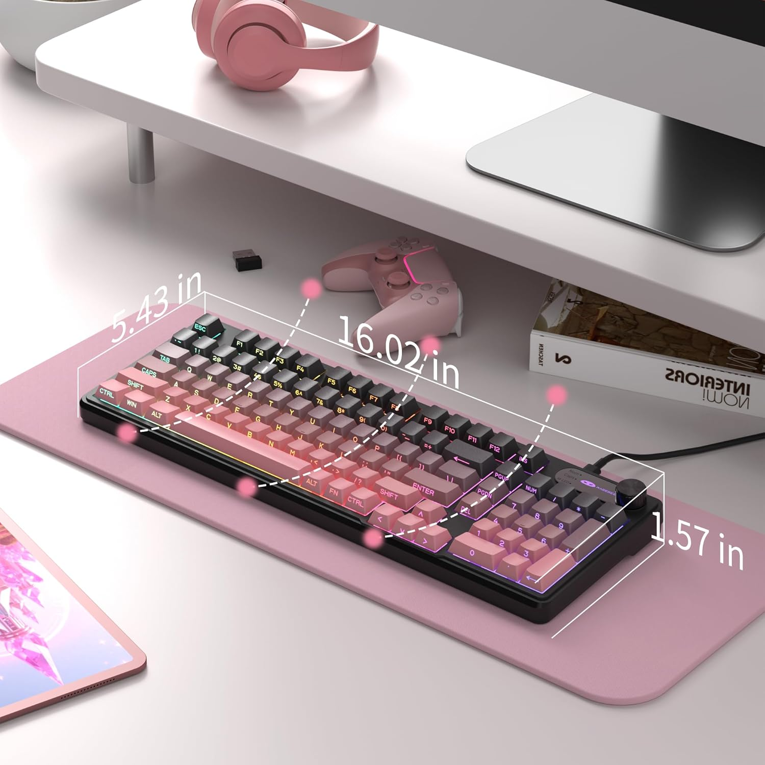Magegee GK960 Wireless Gaming Keyboard, RGB Tri-Mode Wired/Bt/2.4G Creamy Keyboard with Number Pad, 4000Mah Battery, Knob Control, Side Printed Keycaps, 19-Key Anti-Ghosting for Win/Mac (Black & Pink)