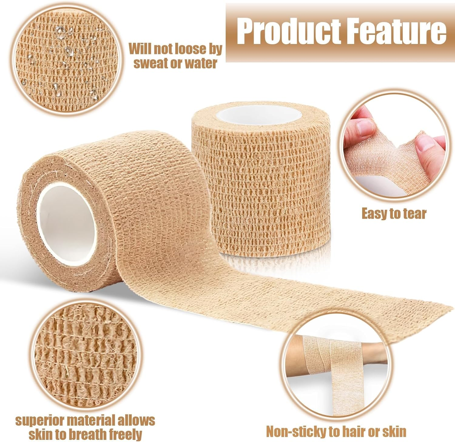 PERCEA Self Adhesive Bandage Wrap, 12 Rolls 2" X 5Yard Elastic Breathable Cohesive Bandage, Non Woven Breathable for Sports Injury, Wrist, Ankle Sprains, Swelling, Vet Wrap image number 2