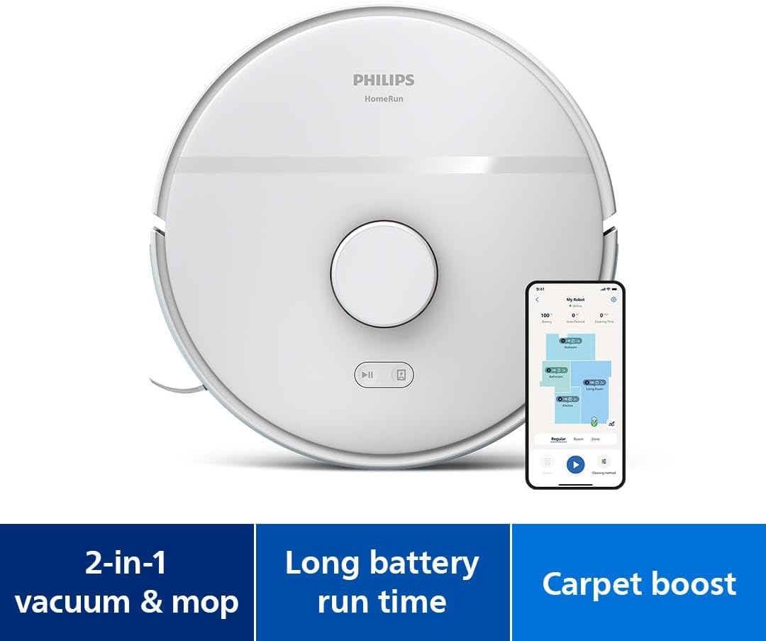 Philips Homerun 2000 Series: 2-In-1 Robot Vacuum and Mop with 2700 Pa Suction & 130 Min Runtime, Laser Navigation, Carpet Boost, App-Controlled, White (XU2000/20)