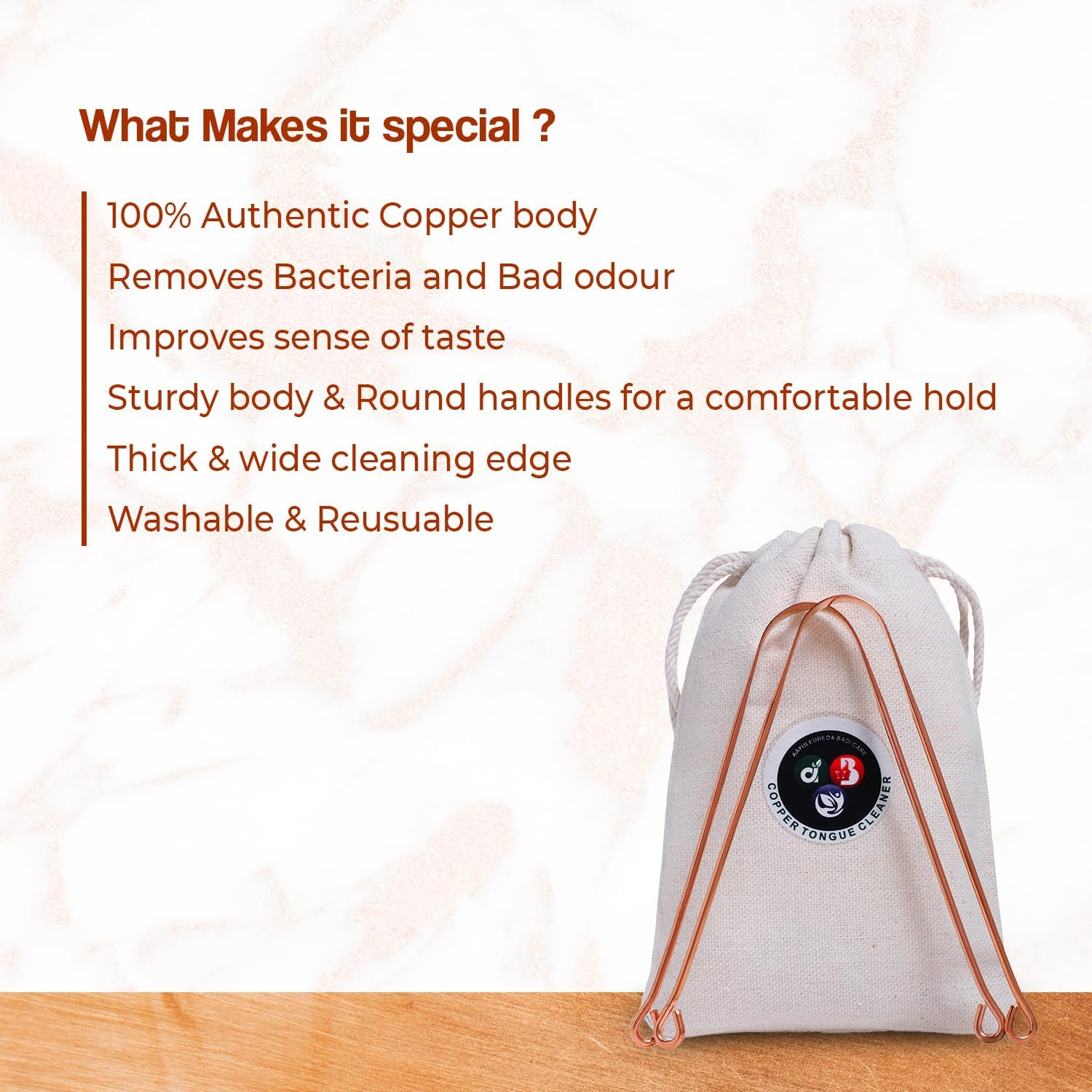 ABC Copper Tongue Cleaner for Kids & Adults | Made up of 100% Pure Copper | Optimal for Oral Hygiene and Bad Breath Treatment | Ayurvedic Tongue Scraper for Bad Breath (Round) - Pack of 2 image number 3