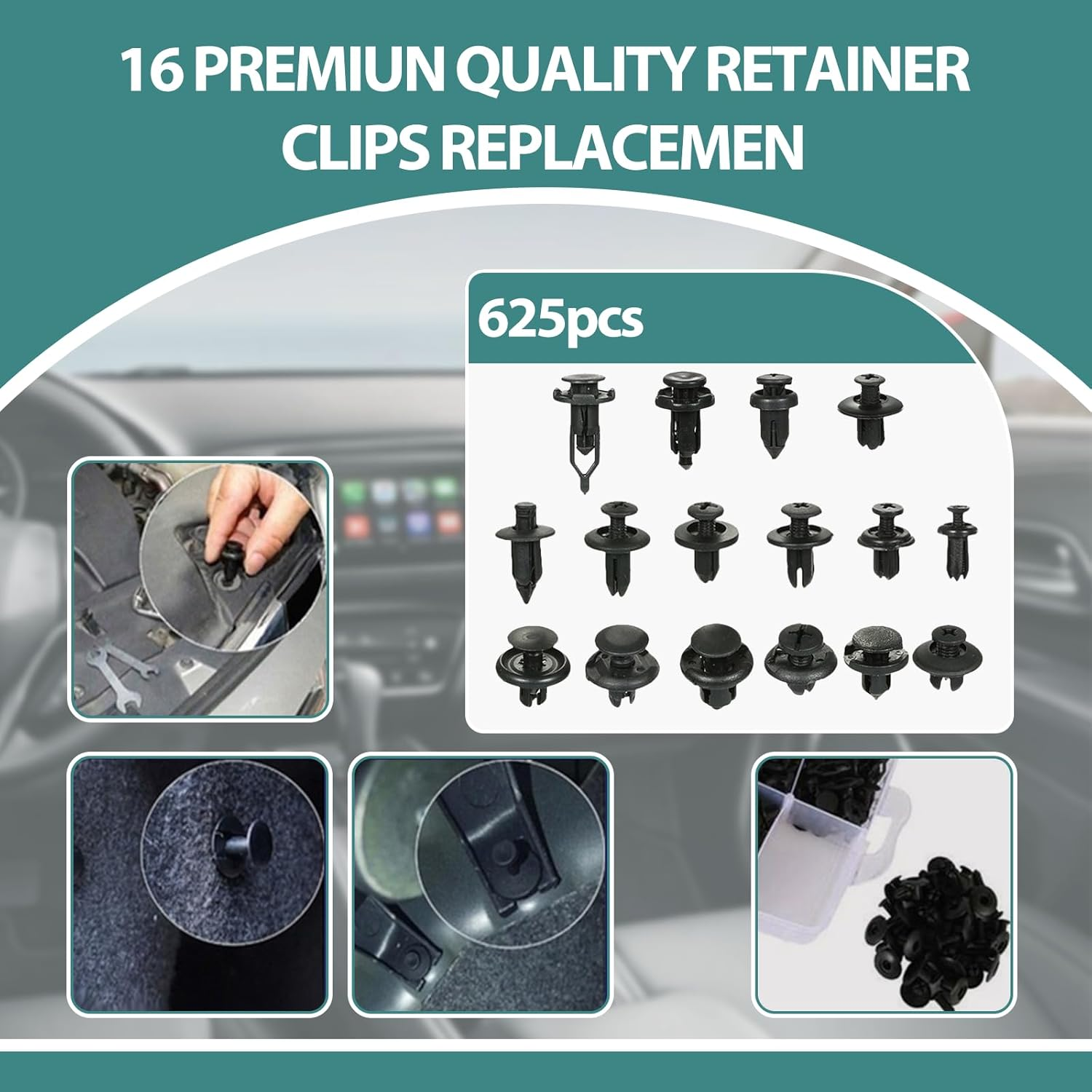 Car Retainer Clips Set 625-Piece - Car Fastener Clip Kit Universal with Removal Tool, 16 Sizes for Door Panel, Bumper, Fender & Interior Trim - Car Push Retainer Clips Replacement image number 5