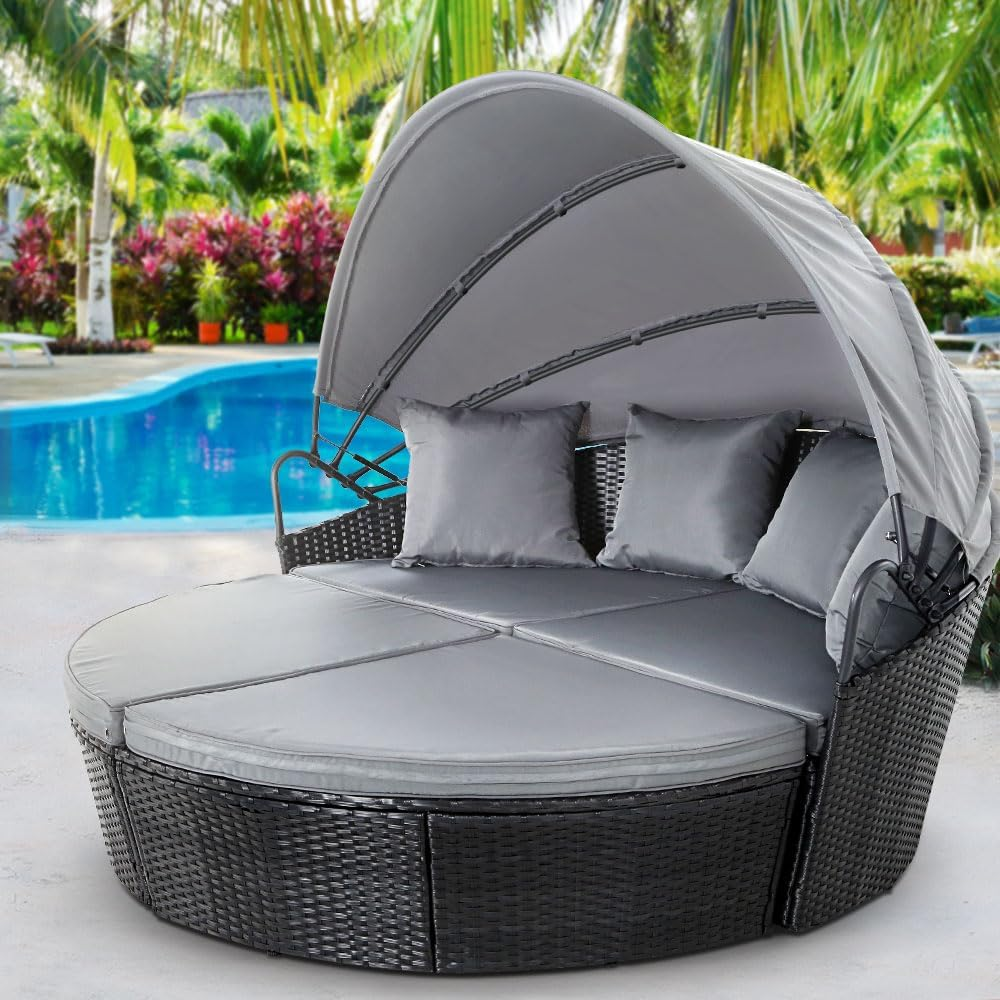 Gardeon Sun Lounge Camping Chair Wicker Folding Day Bed Rattan Lounger, Beach Chairs Sofa Outdoor Furniture Garden Patio Setting Pool Backyard, with Canopy Cushion Pillow Modular Design Black Set of 3 image number 5