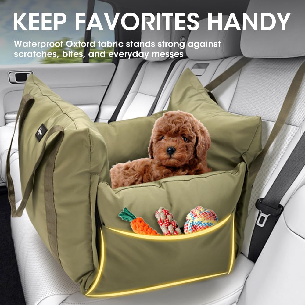 3-In-1 Dog Car Seats for Small Dogs Cats, Waterproof Portable Dog Booster Car Seat with Side Pocket, Clip-On Safety Leash, Hand Held Shoulder Carrier, Soft Pet Travel Seats for Puppy, Green