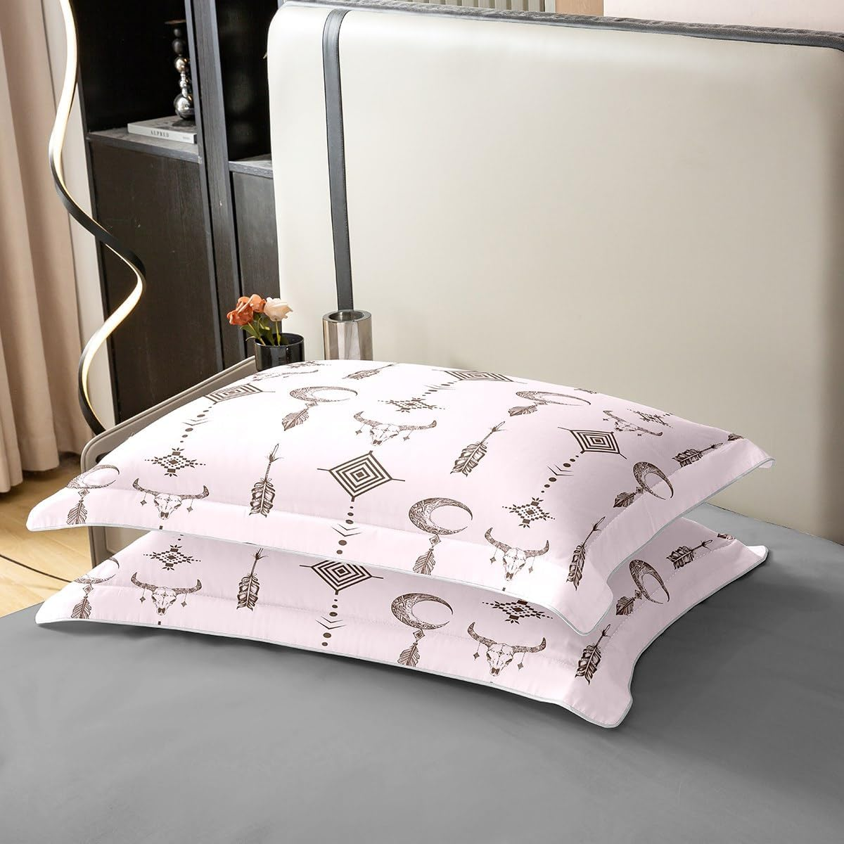 Aztek 100% Cotton Duvet Cover 200 X 200 Cm Western Tribal Bedding Set for Girls Rustic Square Bull Skull Horns Ethnic Bed Linen Geometric Retro Cow Boho Arrows Feathers Pink Bed Set image number 6