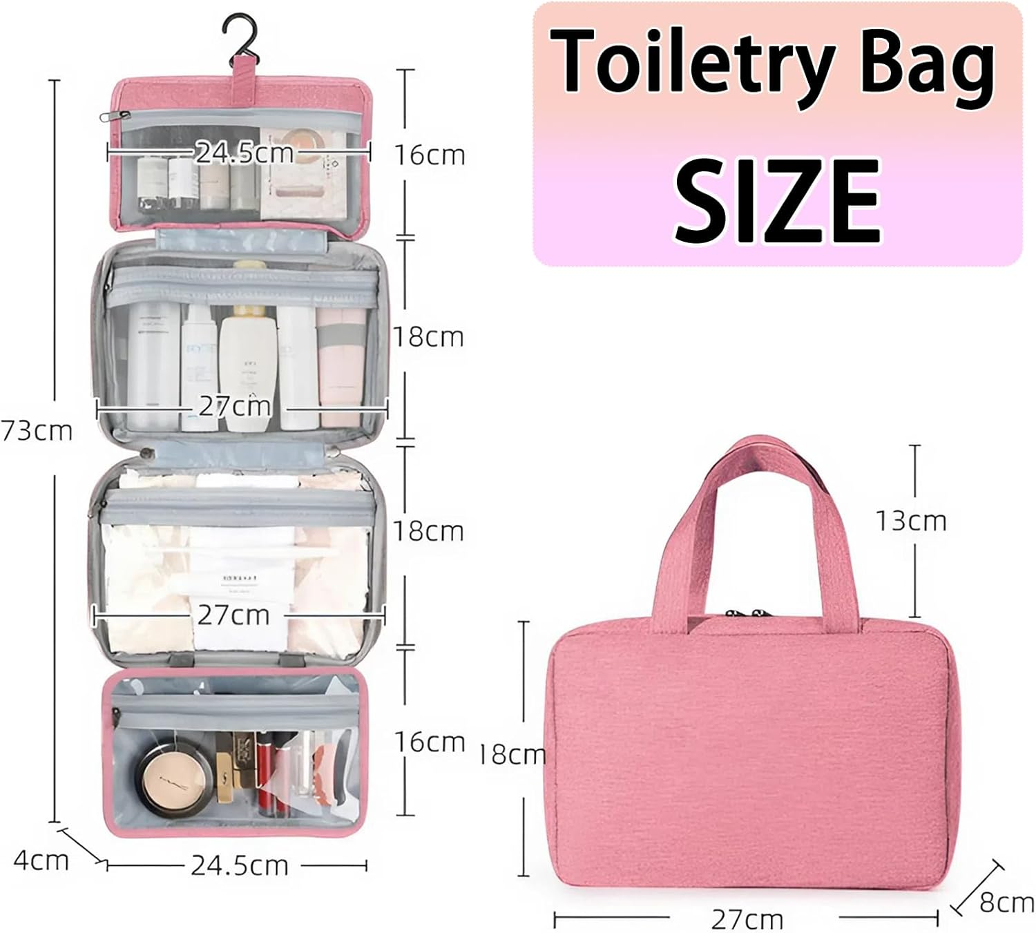 Hanging Toiletry Bag for Women, Waterproof Makeup Organiser with Large Capacity for Travel Essentials, Portable Cosmetic Bag for Camping & Outdoor Trips, Pink