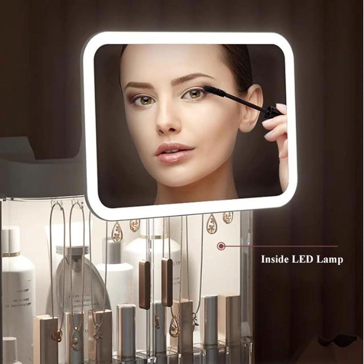 Makeup Organizer Makeup Storage Organizer Box with LED Mirror and Drawers，Jewelry Display Holder Rack, Cosmetics Case with Transparent Cover, for Bedroom Vanity Desk image number 2