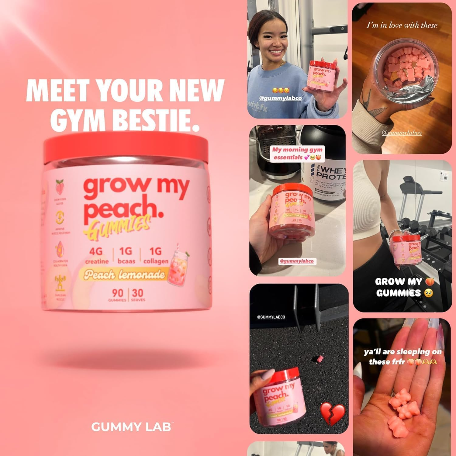 Preworkout Gummies for Women - Creatine Monohydrate 4G + Collagen Peptides + Bcaas - Grow My Peach by the Gummy Lab - Preworkout Muscle Builder, Strength & Recovery - Peach Lemonade Flavour - Non-Bloating, Women'S Fitness Supplement image number 2