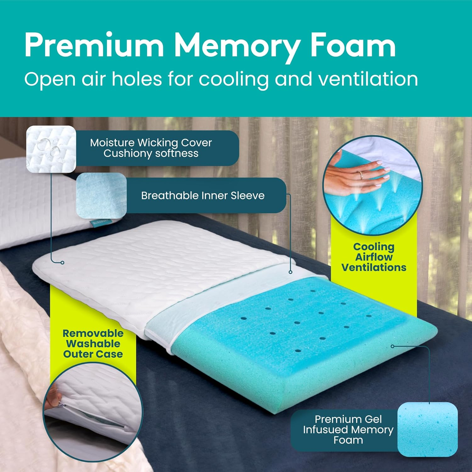 BLISSBURY King Thin 6.5Cm Stomach Sleeping Memory Foam Pillow. Slim, Flat, Cooling Sleep for Belly or Back with Soft Washable Cover, Neck and Head Support for Men and Women Bedding Accessories image number 3