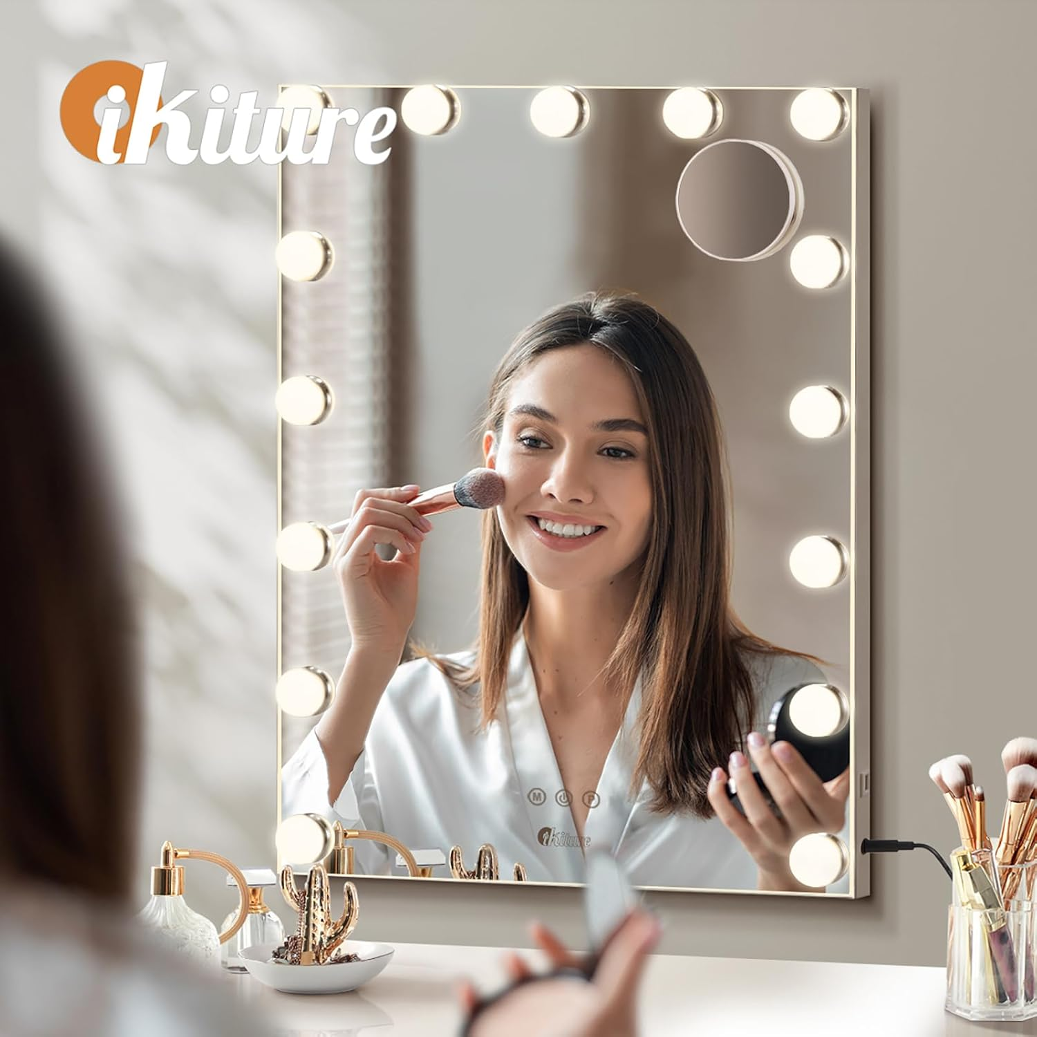Oikiture Hollywood Vanity Mirror with Light 60.5 X 43Cm Vanity Mirror with 15 Dimmable Bulbs, Bluetooth Speaker USB Power Charging Makeup Vanity Mirror with 10X Magnifying Mirror image number 3