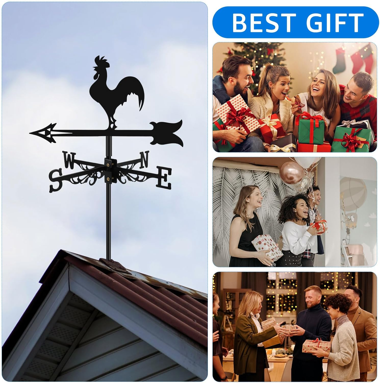 Chicken Wind Vane Rustproof Wind Direction Indicator Decorative Rooster Weathervane Black Weather Vane Large Weather Vane Ornament European Style for Patio Roof Gardens Decoration image number 2