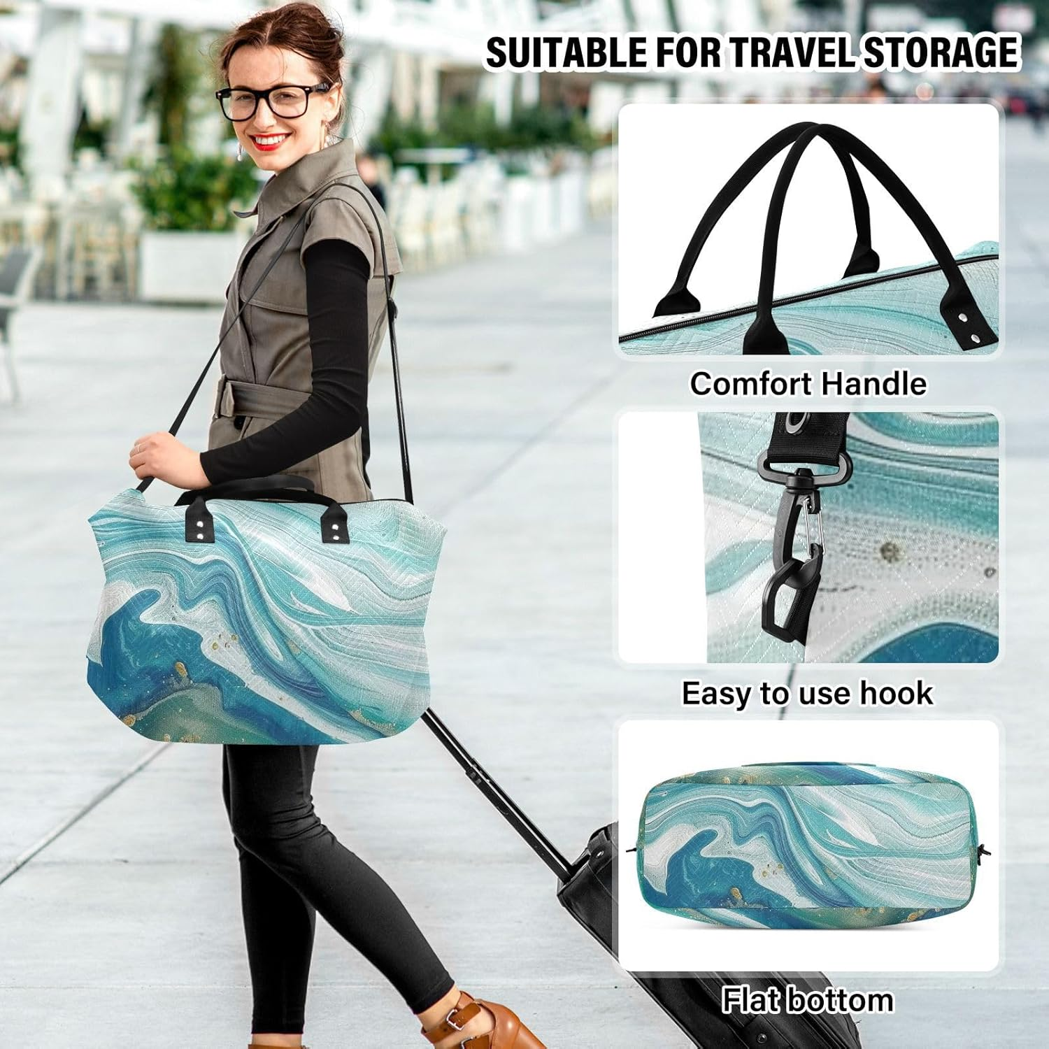 Blue-Green Marble Texture Travel Bag Overnight Bag Gym Sports Duffel Bags with Toiletry Bag for Gym Foldable, Blue-Green Marble Texture, 1 Size