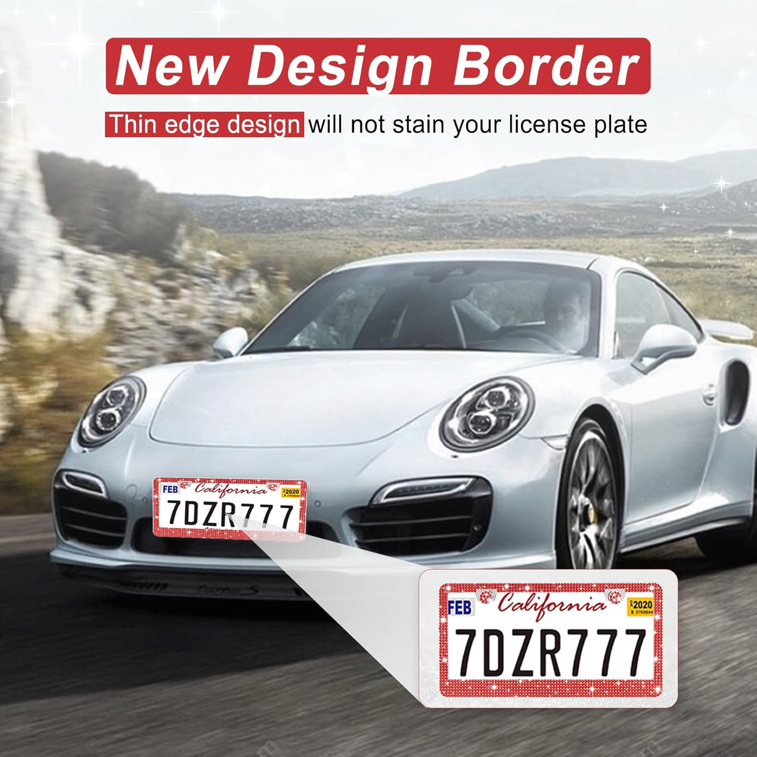 Amiss Bling Number Plate Cover Frame for Women, 2Pack Rhinestone Handcrafted Crystal Premium Stainless Steel Car Accessories with Diamond Sparkle Glitter Caps (Red) - 2, Red image number 5