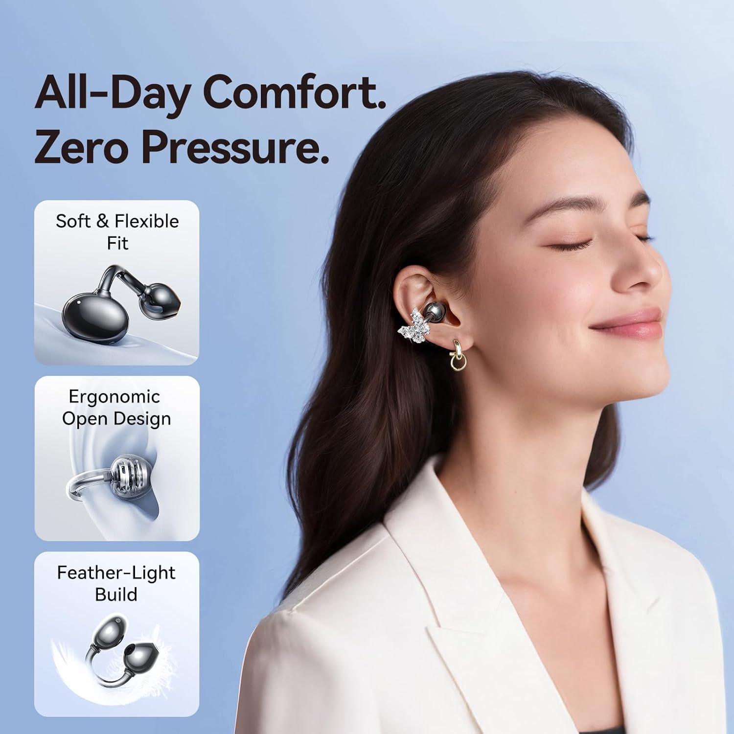 Kinglucky Clipfree A20 Open-Ear Earbuds with Butterfly Earrings, Secure & Comfort Fit, Premium Sound Clip-On Earbuds with Digital Display, 50H Playtime Bluetooth 5.4 Wireless Headphones Black image number 4