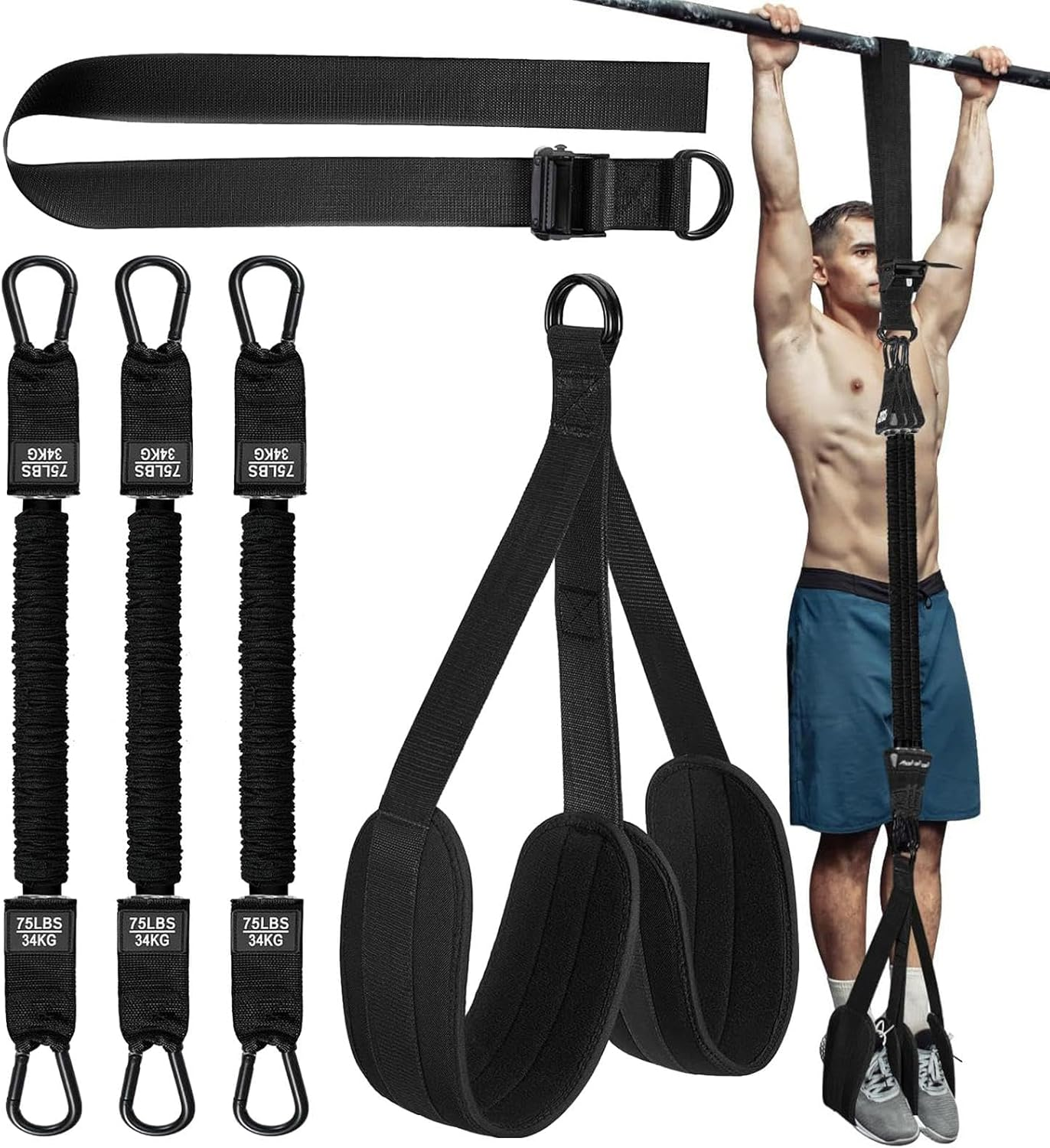 ZERIFAM Resistance Bands for Pull Ups, 225Lb Pull Ups Assistance Bands Set with Fabric Feet/Knee Rest, Weight Adjustable Pull up Bands for Home Gym, Strength Training and Pull-Up Workouts