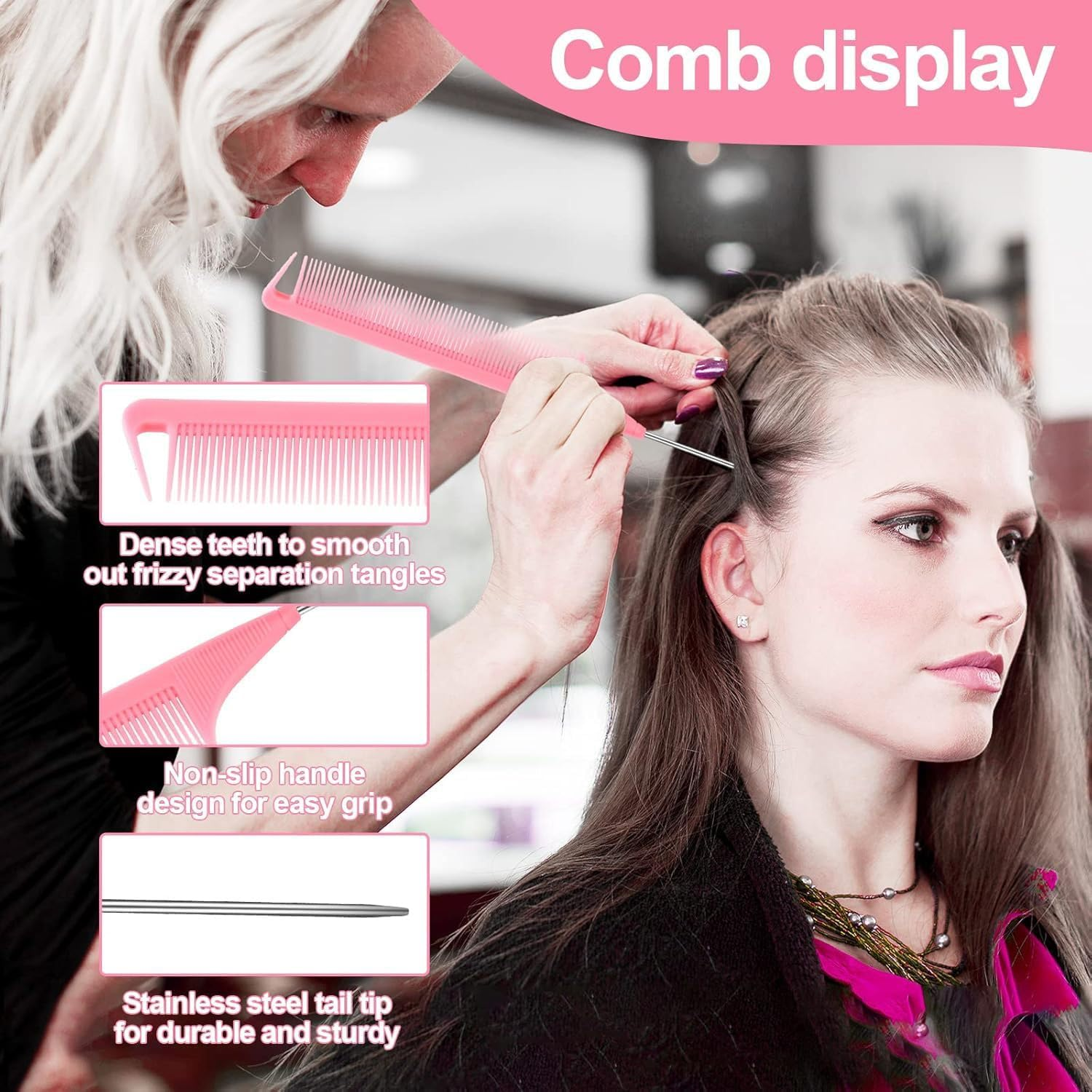 Hair Accessories Comb Set 3Pcs, Tail Comb for Parting Hair, Teasing Comb for Add Volume Fullness, Edge Brush for Edge Control (Pink, One Size) image number 5