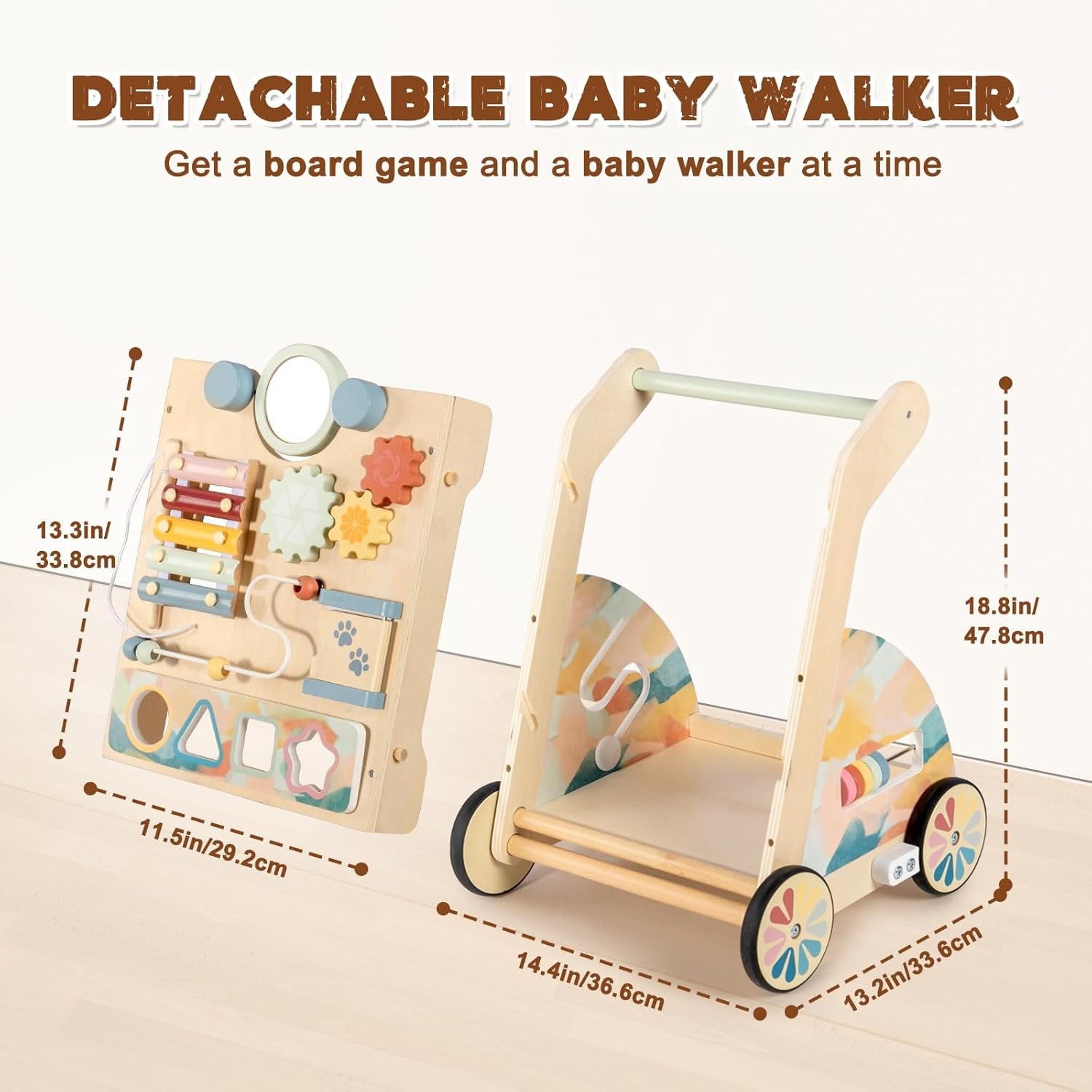 Lol-Fun Wooden Baby Walker with Detachable Busy Board Adjustable Speed Wheels for Boys Girls 6-12 Months image number 1