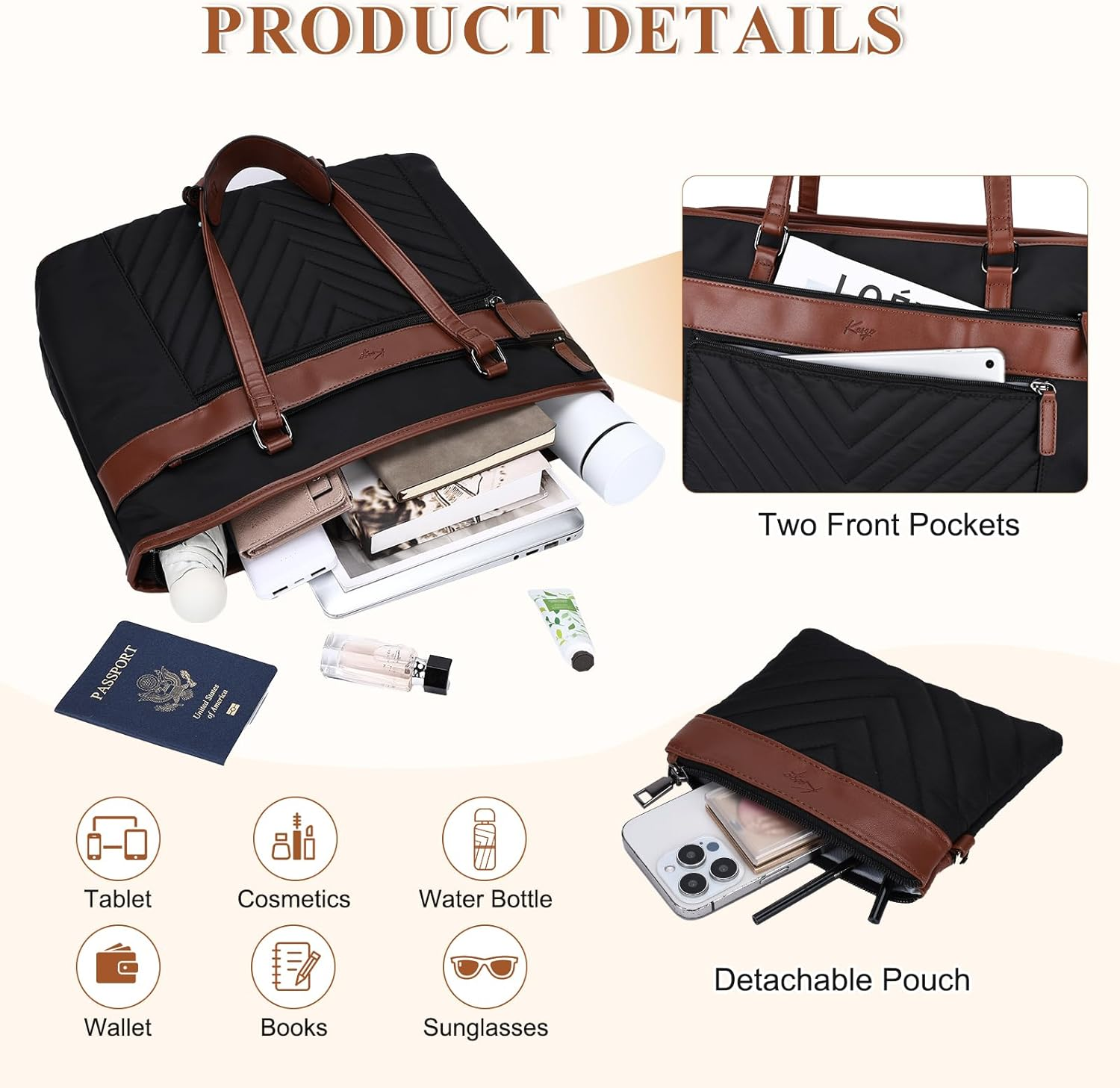 Laptop Tote Bag for Women, KASQO Large Water-Resistant 15.6 Inch Computer Shoulder Bag Ladies Work Tote Leather Handbags Satchel with Clutch Purse for Office School Travel - Black image number 6