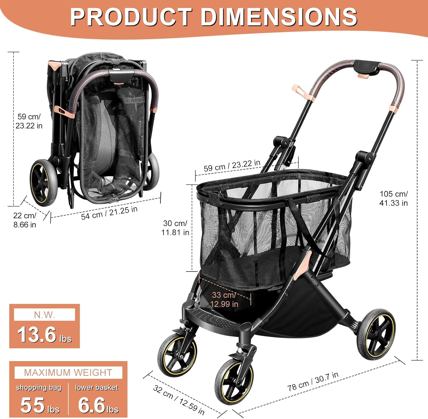 SNSUTY Foldable Shopping Cart, 85 Liters Grocery Cart Utility Carts, Two Layers Shopping Trolley with Wheels ＆ Stylish Removable Tote, One-Handed Compact Fold, and One-Step Parking Brake Multi Use