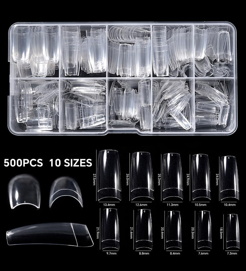 KADS 500Pcs Clear Half Cover Nail Tips Coffin Shaped Artificial Nail Tips 10 Sizes Pre Shaped False Gel Nail Acrylic Extension Nails for Nail Salons and Home DIY (Transparent) - Natural image number 3