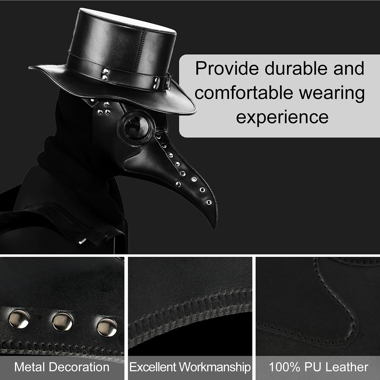 Black Leather Plague Doctor Mask Long Nose Bird Beak Plague Mask Steampunk Halloween Costumes Props Mask for Adult image number 6