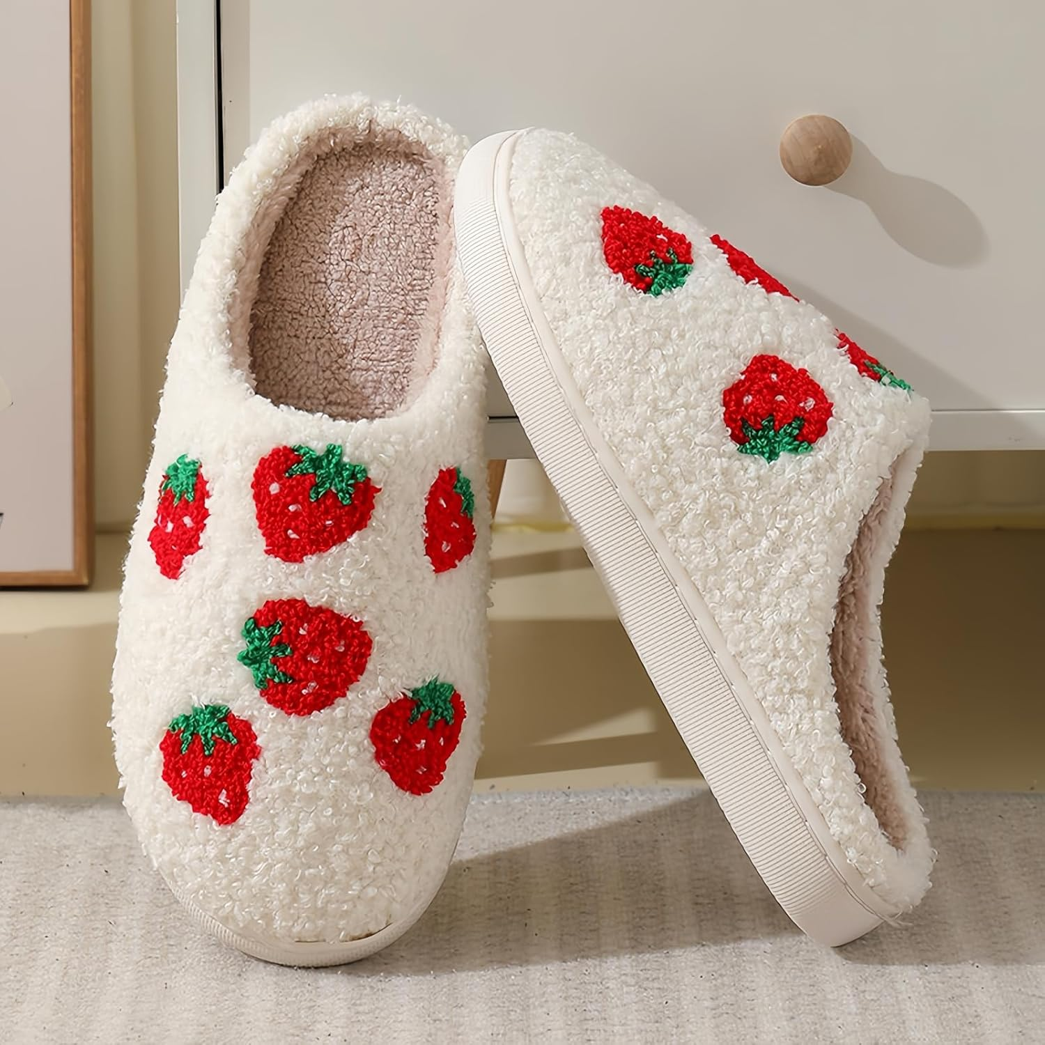 GEBUFAW Fluffy Cherry and Strawberry Slippers Cozy Fuzzy Indoor Shoes for Women and Men Cute Fruit House Slippers Gift image number 5