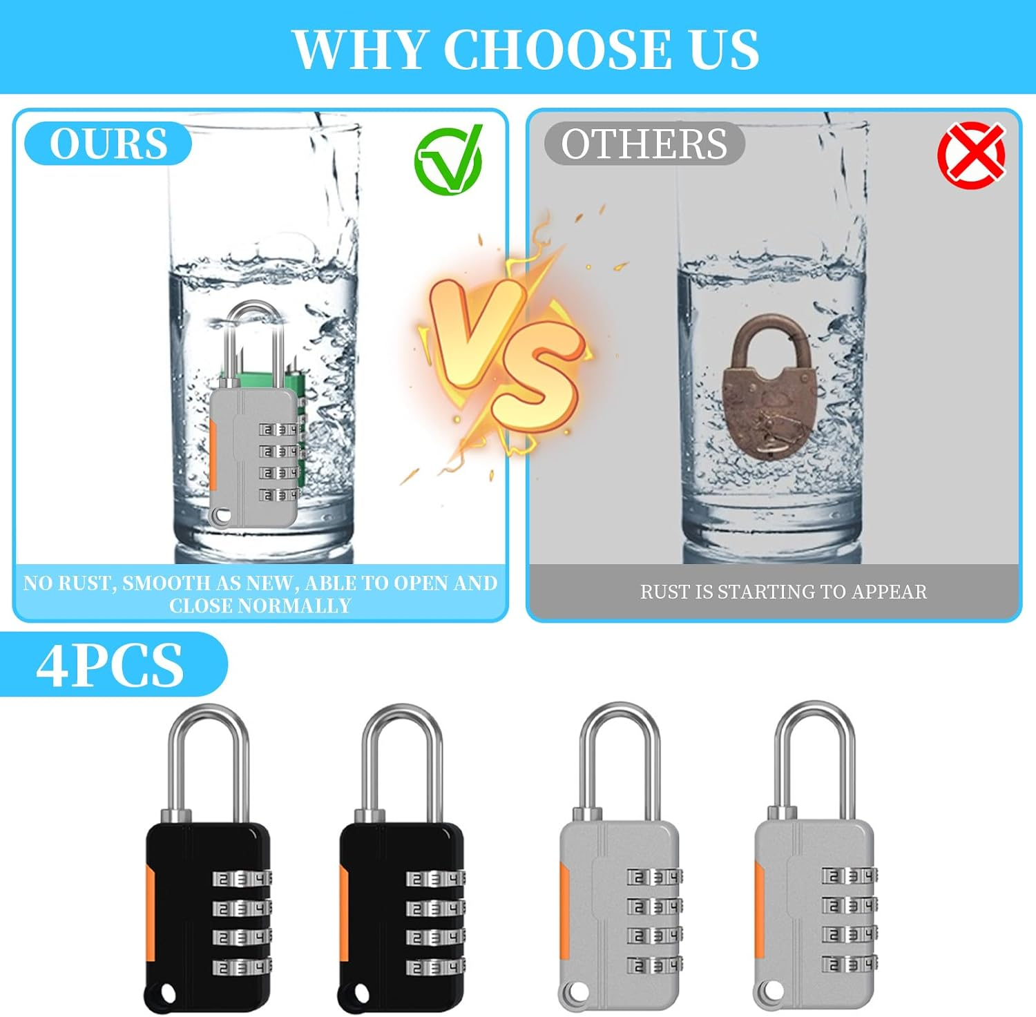 Upgraded Version Combination Padlock, 4 Digit Number Lock for Your Own Password, Solid Lock Body with Steel Shackle, Outdoor Weatherproof Padlock for Locker Luggage Drawer Zipper Fence (2BK+2GR) image number 2