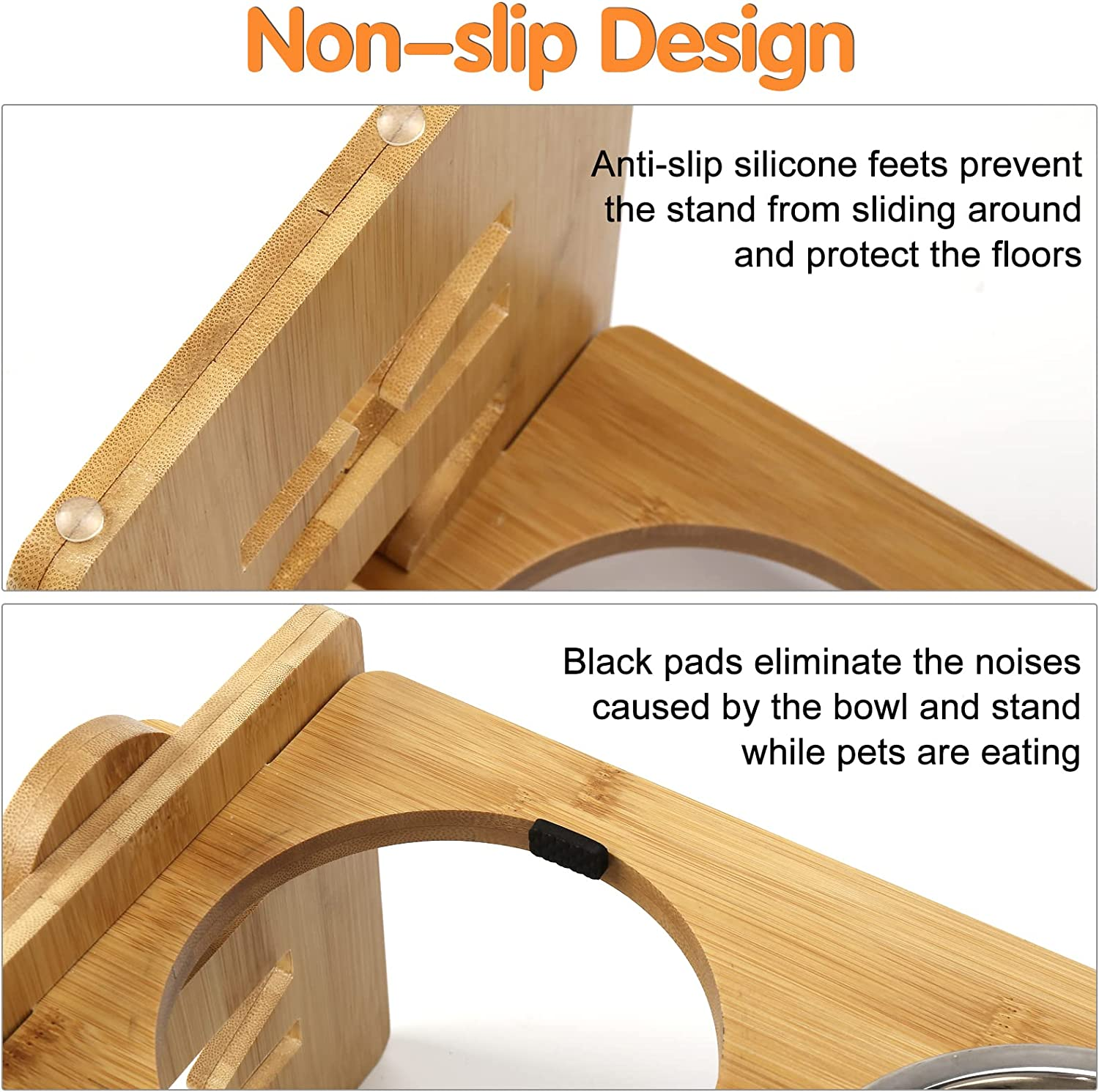 Elevated Dog Bowls, Adjustable Raised Tilted French Bulldog Food Water Bowl, Slanted Bamboo Pet Feeding Station with Stainless Steel Bowl for Small & Medium Dogs, Cat Kitten Flat Faced Puppy Feeder image number 2