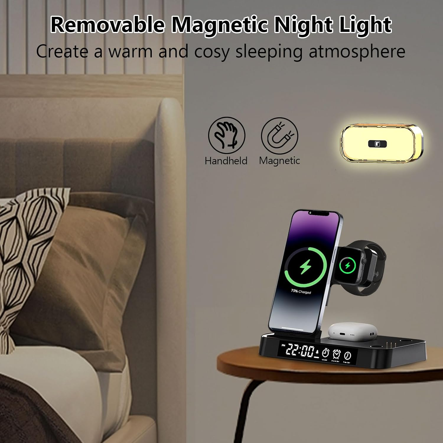 4-In-1 Magnetic Wireless Charger 15W Fast Charging for Apple Devices Iphone 17 16 15 14 13 Pro Max, Charging Station with Night Light for Apple Watch & Iwatch, Airpods Pro/4/3/2 (Black) image number 4