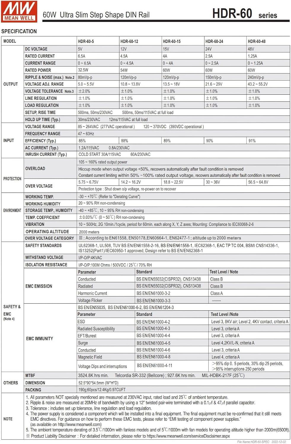 HDR-60-5 Genuine Mean Well DIN Rail Power Supply 5V 6.5A 60W, with Warning Label - 5V