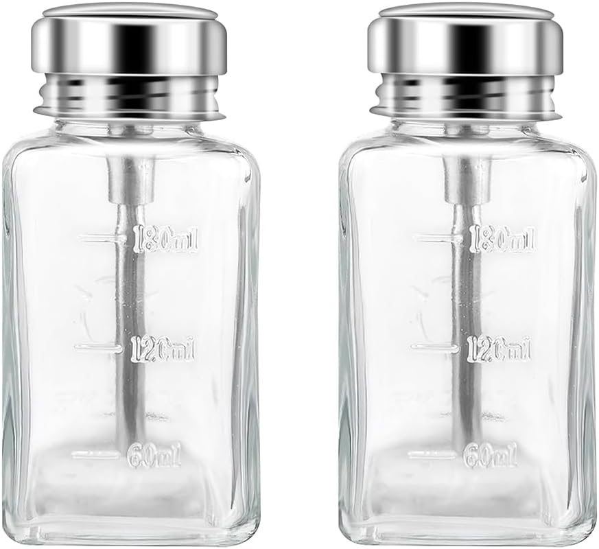 2 Pack 180 ML Square Glass Pump Dispenser Bottles &ndash; Refillable Flip-Top Bottles for Alcohol, Nail Polish Remover, Makeup Remover &ndash; Clear Travel Size Containers with Metal Cap image number 3