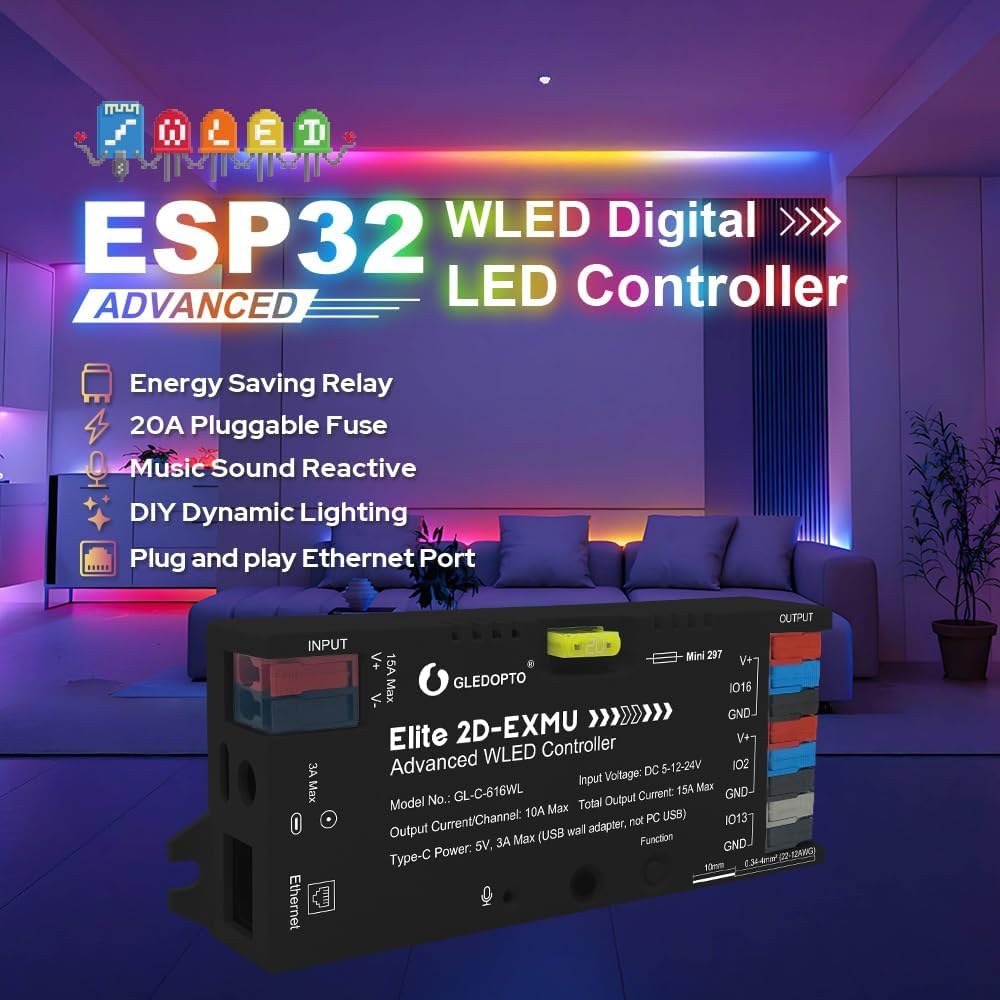 GLEDOPTO ESP32 WLED Controller with Ethernet, Sound Sensitive, UART 20A Plug-In Fuse for WS2811, WS2812, SK6812, WS2815, RGB Digital Addressable IC Light Strip (616WL)