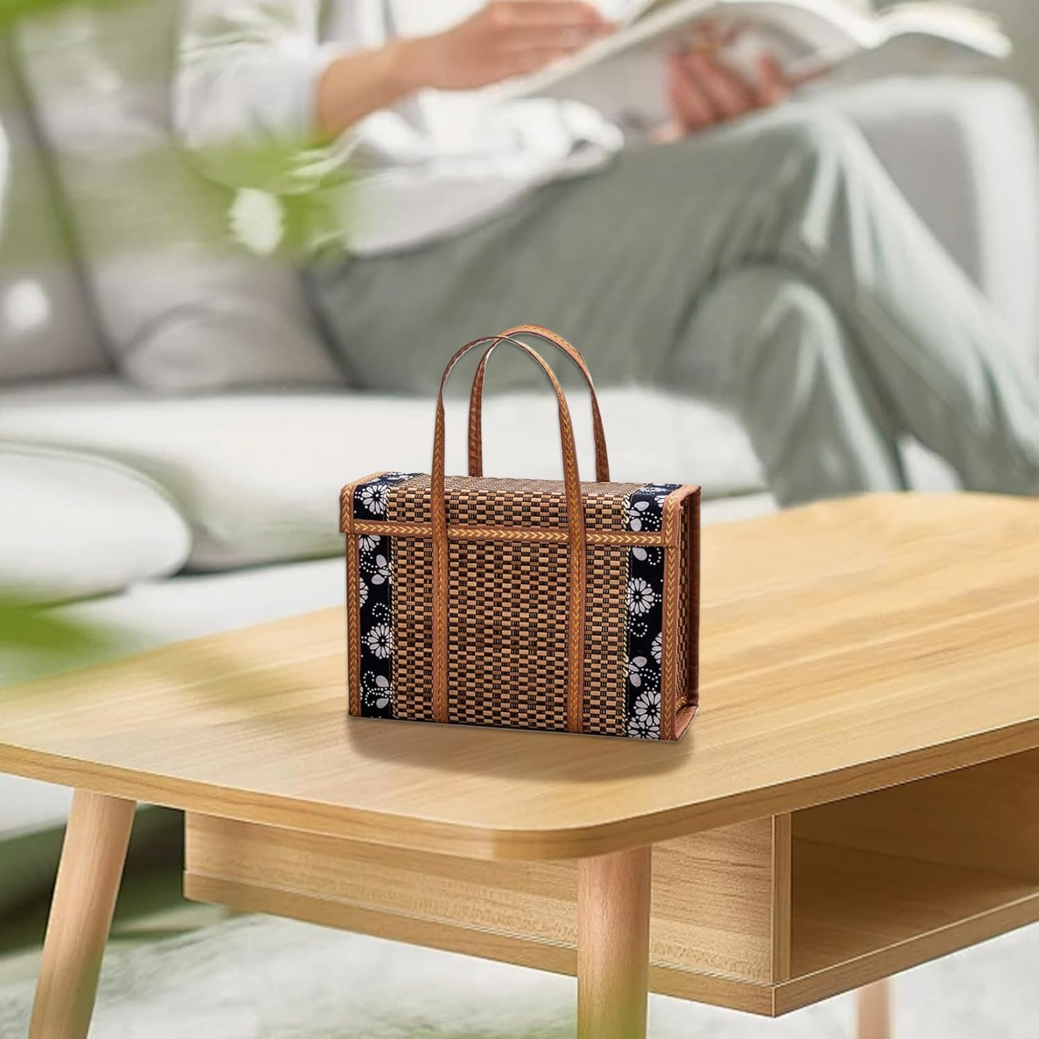 Bamboo Shopping Basket with Lid 14X6X10 Foldable Woven Picnic Bag with Floral Trim & Carry Handle image number 1